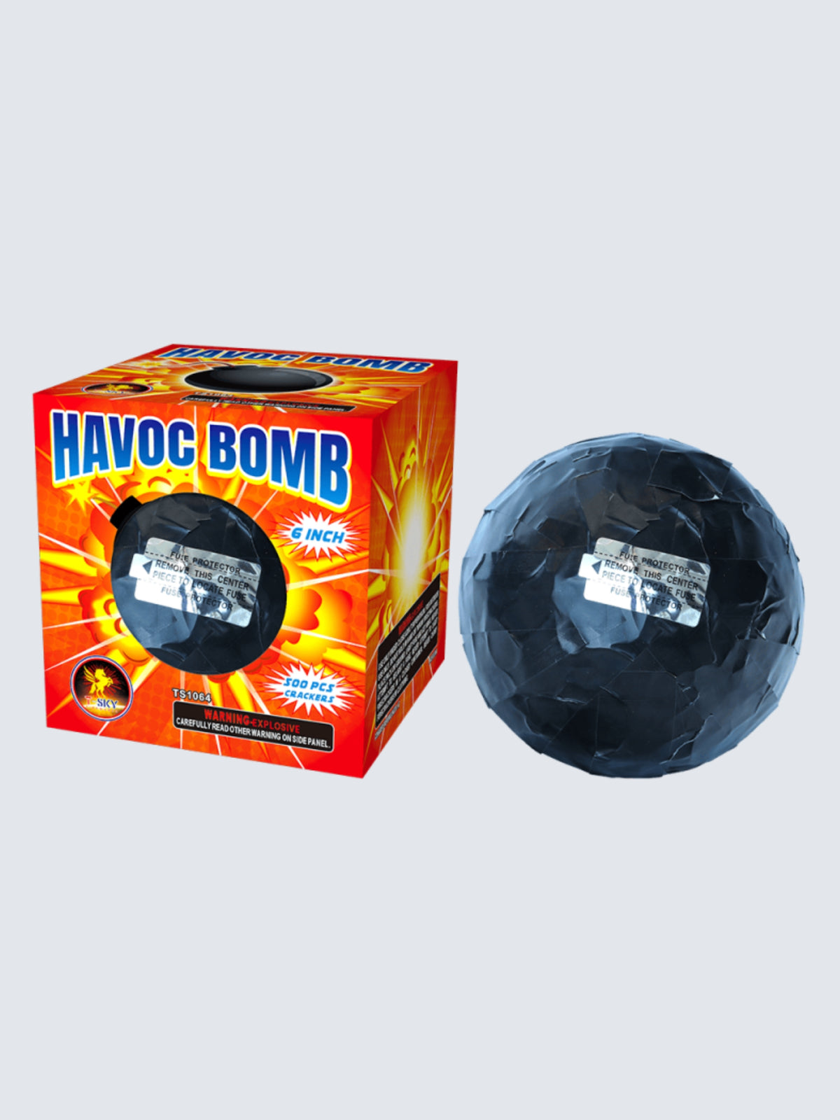 Havoc Bomb 6-inch 500-count firecracker ball by T-Sky Fireworks featuring explosive orange and yellow box art.