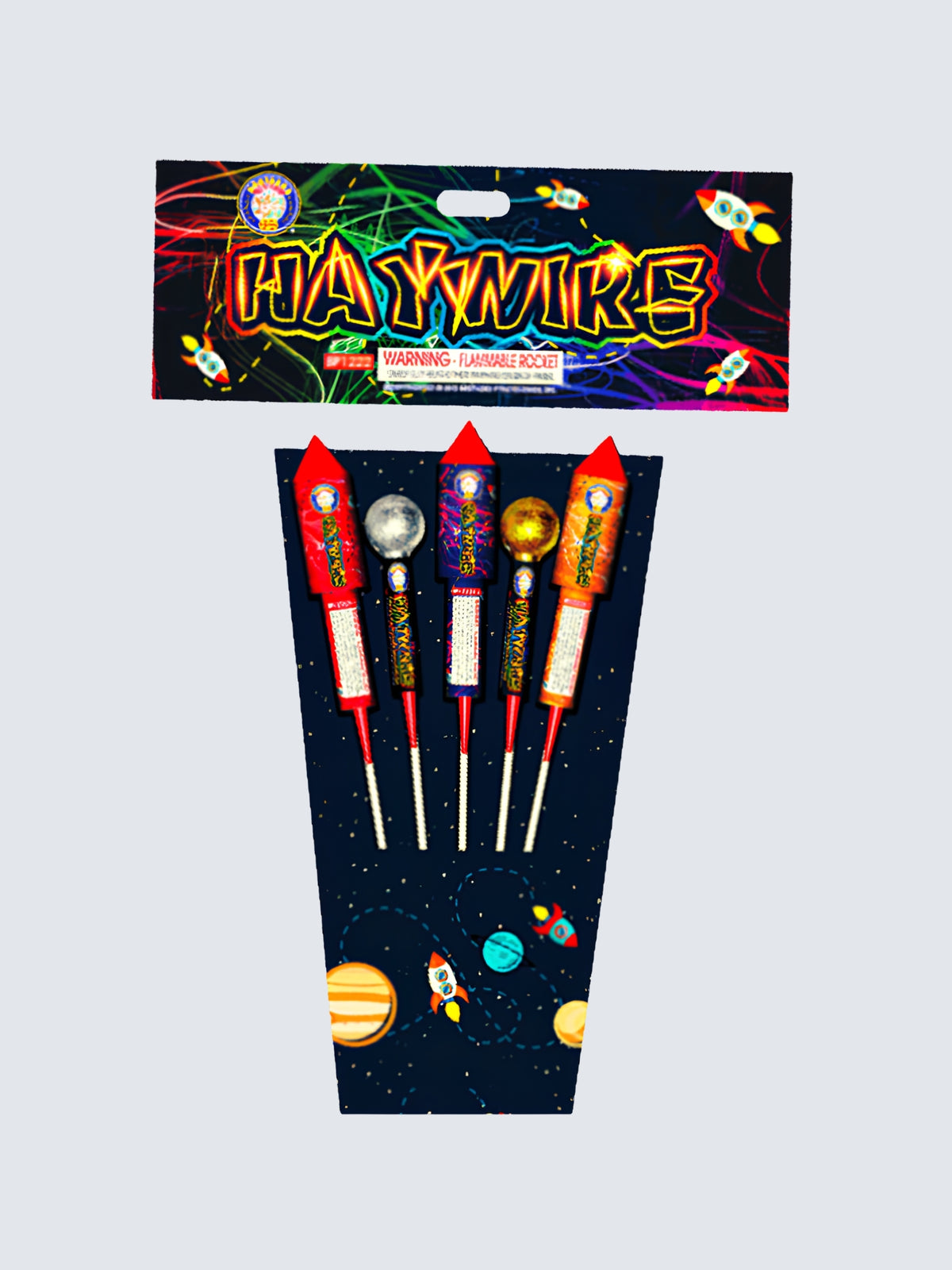 Haywire 5-pack assorted rocket fireworks by Brothers Fireworks, featuring colorful space-themed rocket packaging.