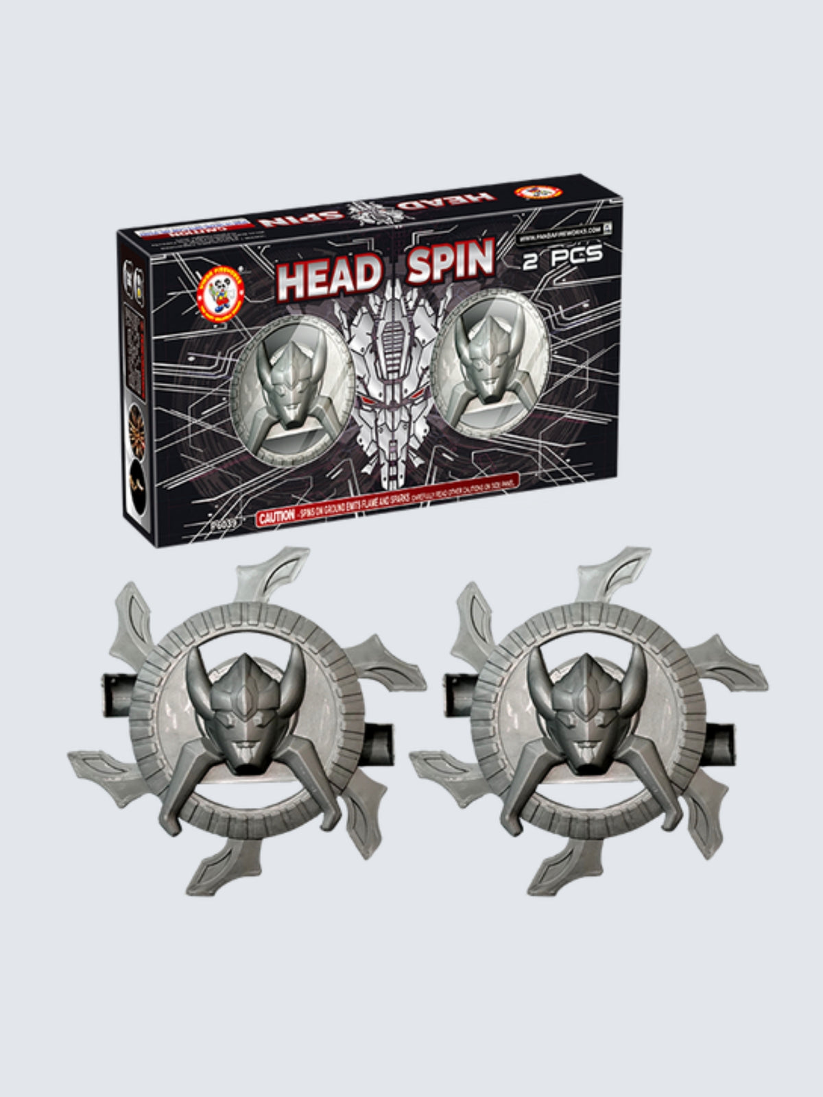 Head Spin flying novelty by Winda Fireworks with two silver robot-faced spinners and black packaging featuring circuit artwork.