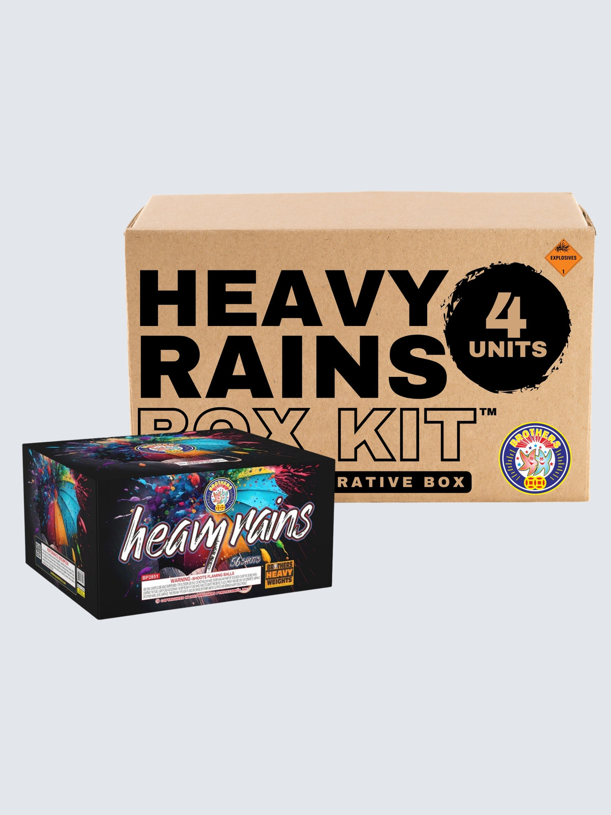 Heavy Rains 36-shot aerial repeater box kit by Brothers Fireworks, featuring 4 units with black packaging and colorful paint splashes.