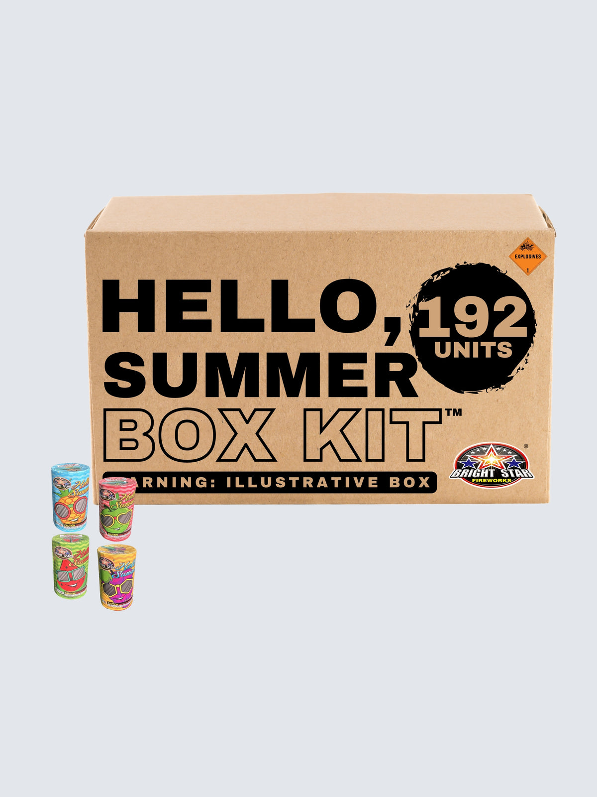 Hello, Summer 192 Unit Box Kit featuring four colorful summer-themed fireworks with bright tropical artwork by Bright Star Fireworks.