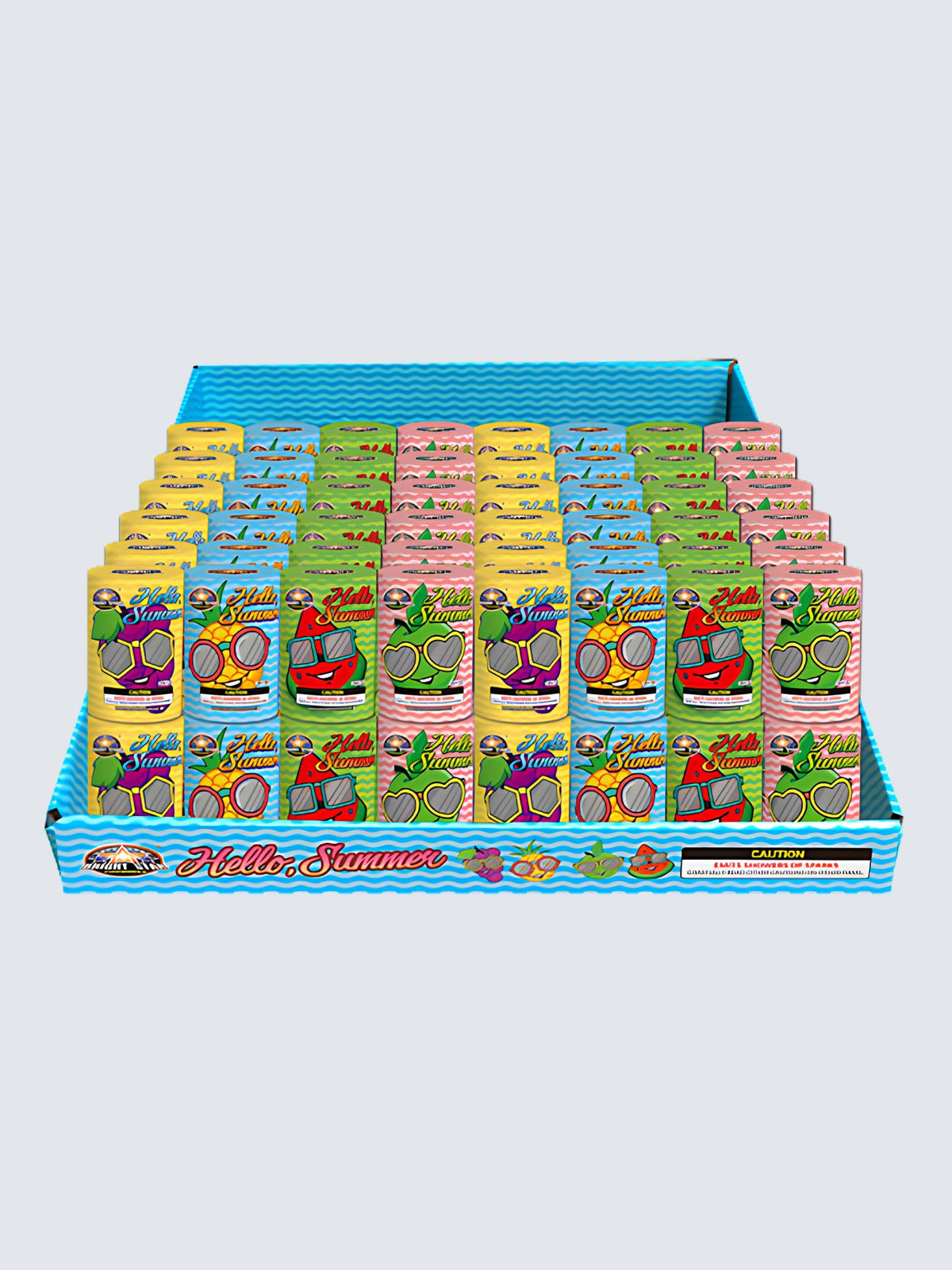 Hello Summer fountains by Bright Star Fireworks in a blue display tray with colorful fruit characters wearing sunglasses.