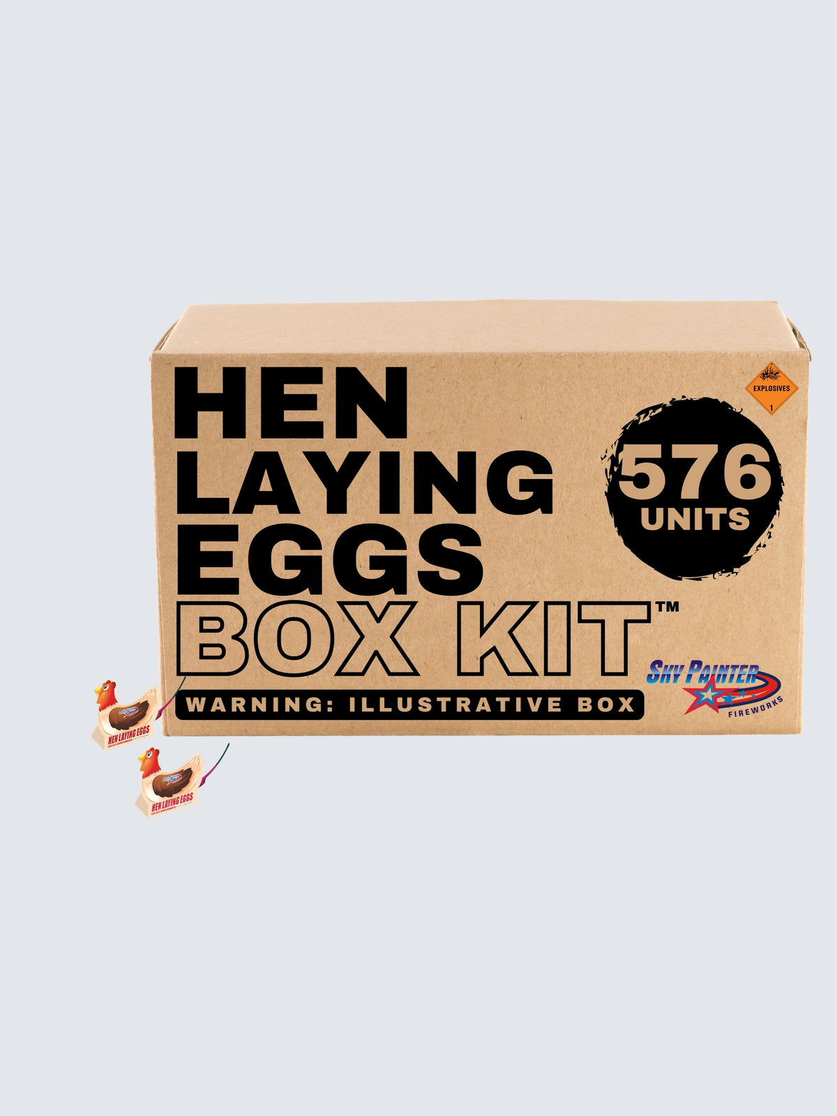Hen Laying Eggs Novelty Fireworks Box Kit by Sky Panther Fireworks includes 576 units featuring colorful cartoon hens with brown wings and orange feathers.