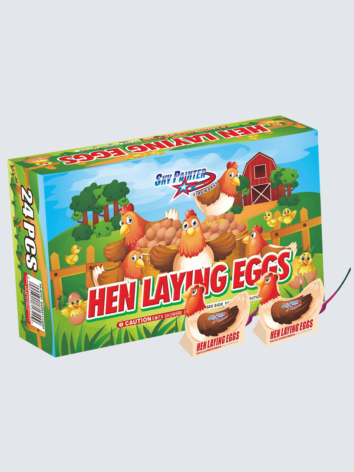 Hen Laying Eggs Novelty Fireworks Box Kit by Sky Panther Fireworks includes 24 pieces with colorful farmyard artwork featuring hens, chicks, eggs, and a red barn.