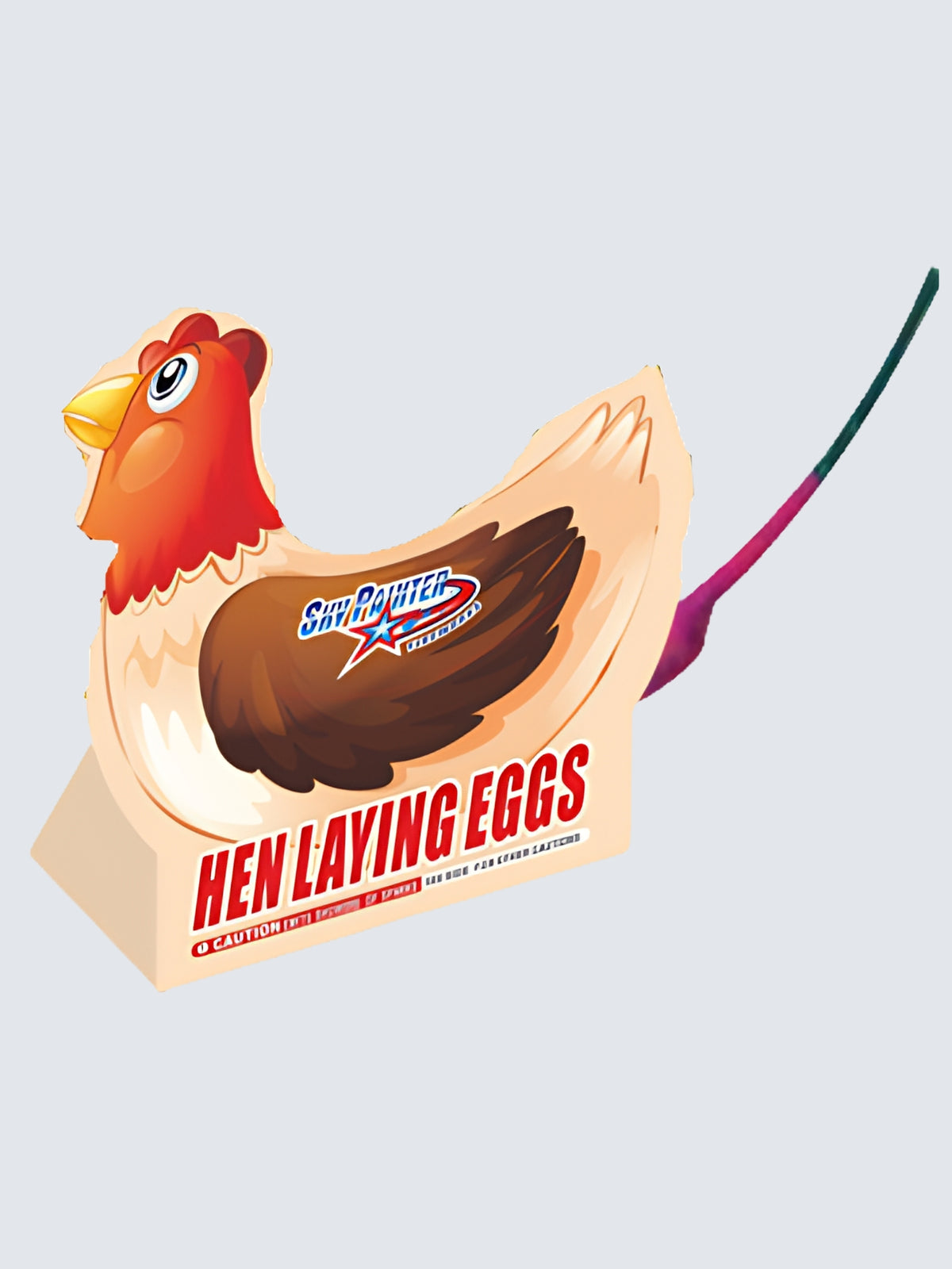 Hen Laying Eggs Novelty Firework by Sky Panther Fireworks features a colorful cartoon hen with brown wings, orange feathers, and a green fuse.