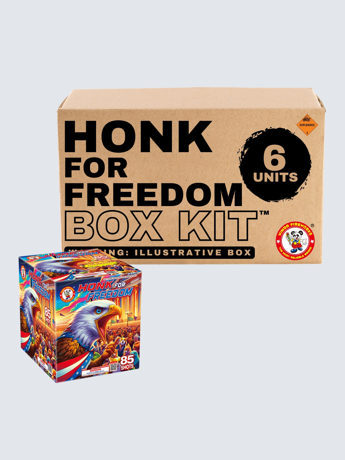 Honk for Freedom 85-shot aerial repeater box kit by Winda Fireworks, featuring 6 units with patriotic bald eagle artwork.