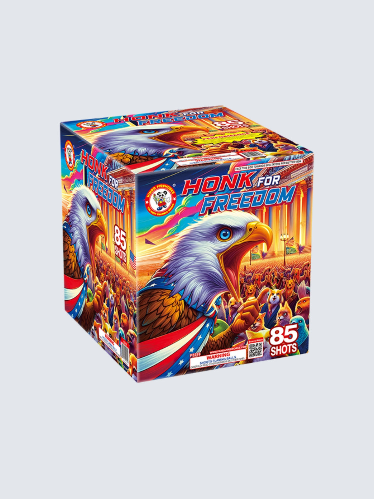 Honk for Freedom 85-shot aerial repeater by Winda Fireworks, featuring a patriotic bald eagle and colorful crowd artwork.