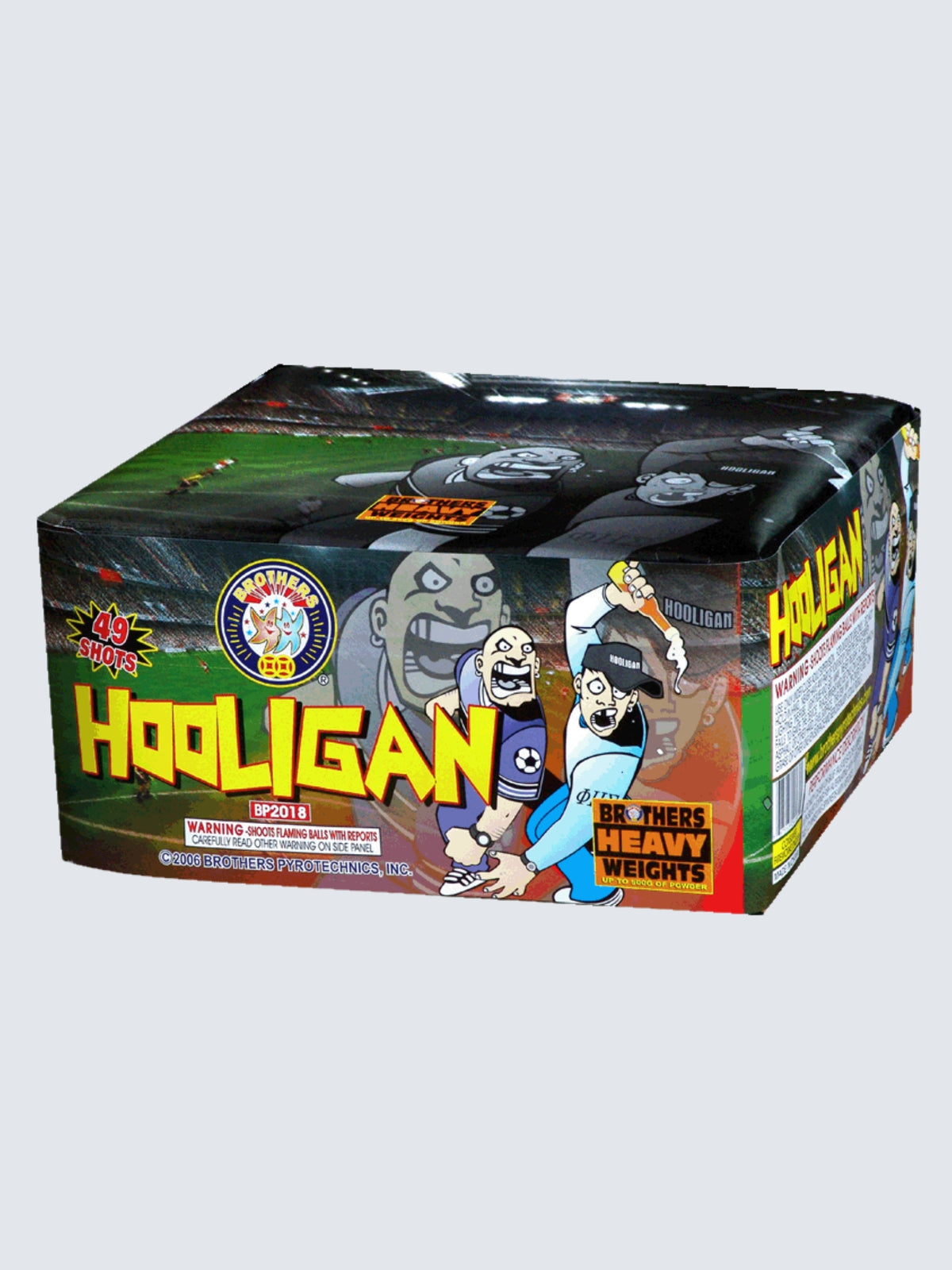 Hooligan 49-shot aerial repeater by Brothers Fireworks, featuring dark green packaging with cartoon troublemakers and bold yellow lettering.