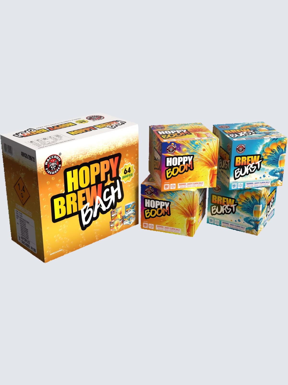 Hoppy Brew Bash 64 Shot aerial repeater box kit featuring Hoppy Boom and Brew Burst fireworks.