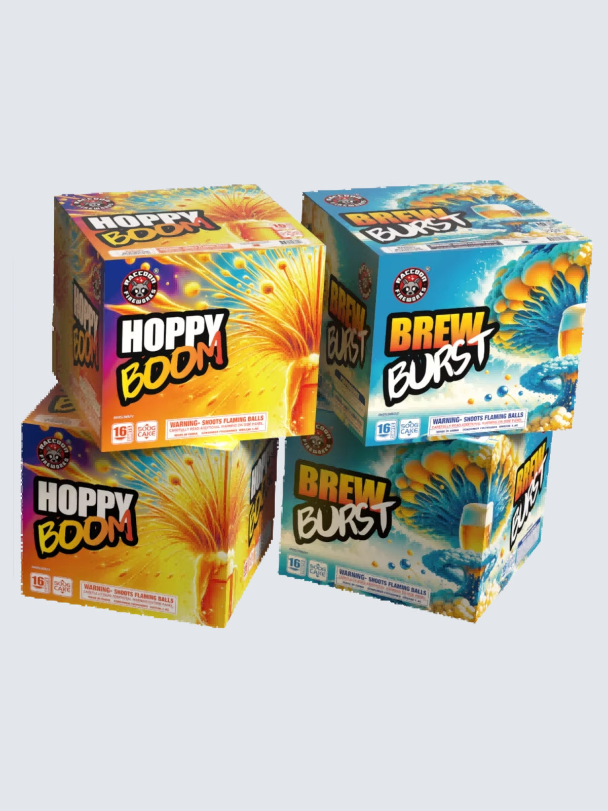 Hoppy Boom and Brew Burst 16 Shot aerial repeater fireworks featuring colorful beer-themed packaging.