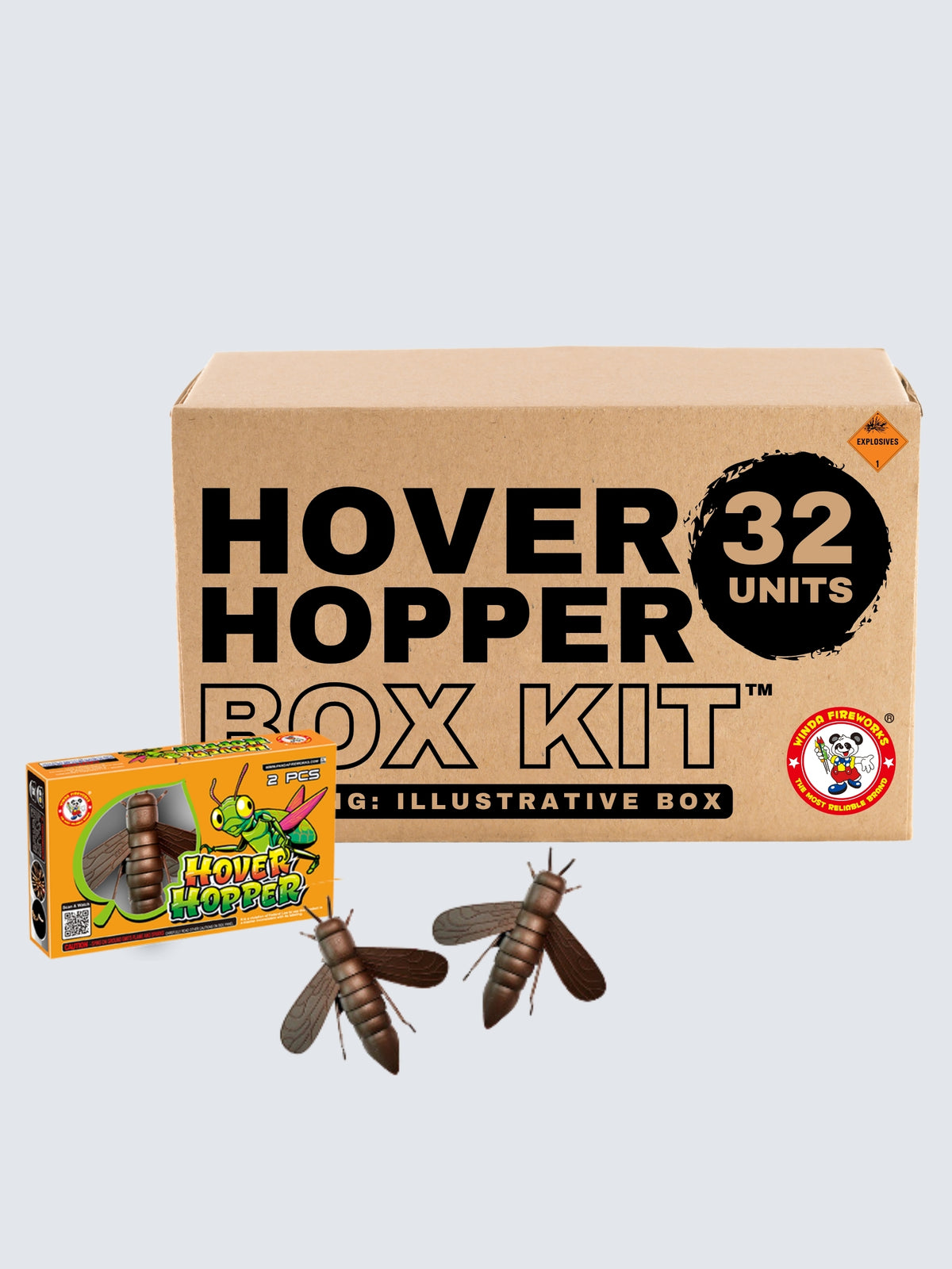 Hover Hopper flying novelty box kit by Winda Fireworks with 32 units, brown insect shapes, and orange cartoon bug packaging.