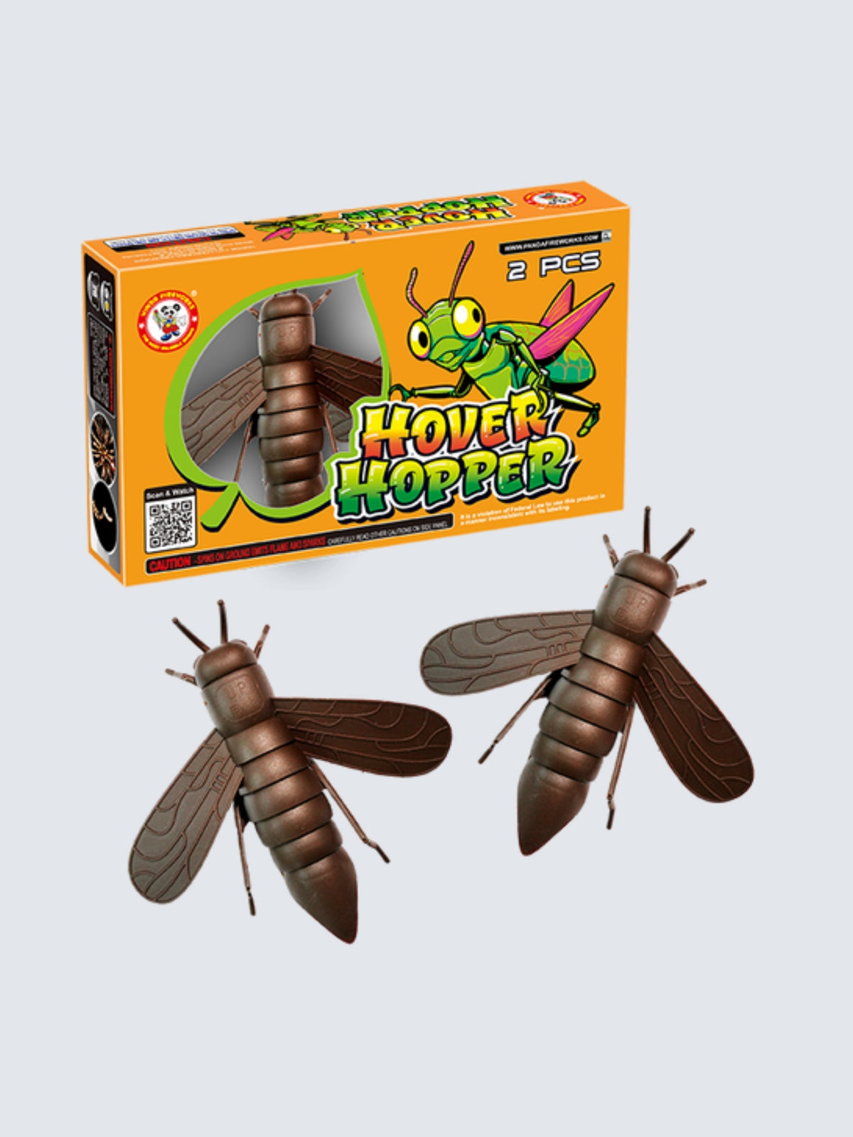 Hover Hopper flying novelty by Winda Fireworks with two brown insect-shaped fireworks and orange packaging with a cartoon bug.