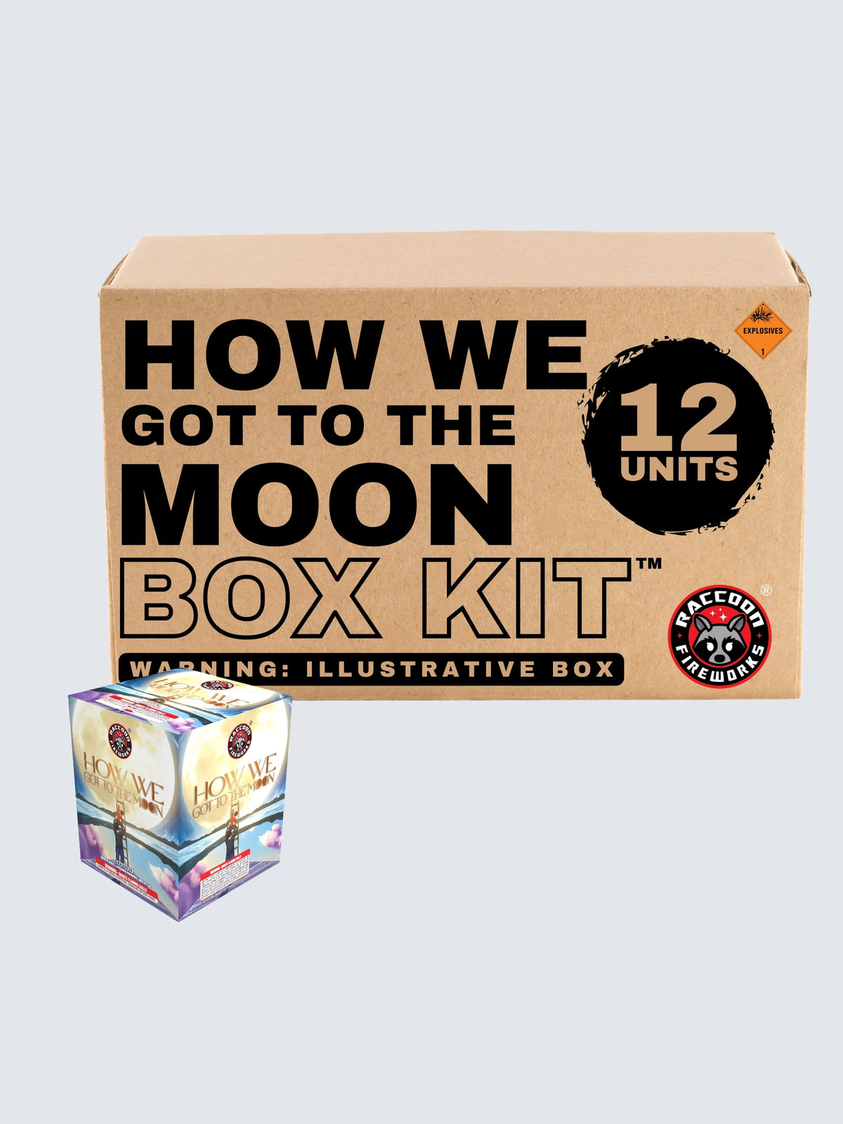 How We Got to the Moon fireworks box kit by Raccoon Fireworks, featuring 12 aerial cakes with glowing moon artwork.