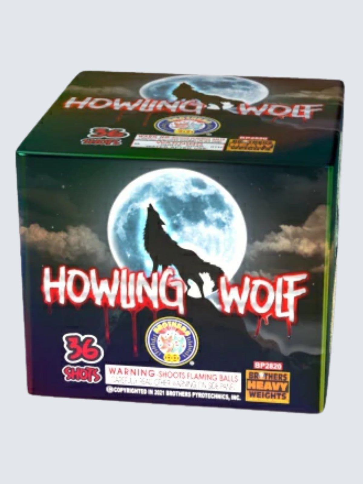 Howling Wolf 36-shot aerial repeater by Brothers Fireworks, featuring a howling wolf silhouette against a glowing full moon.