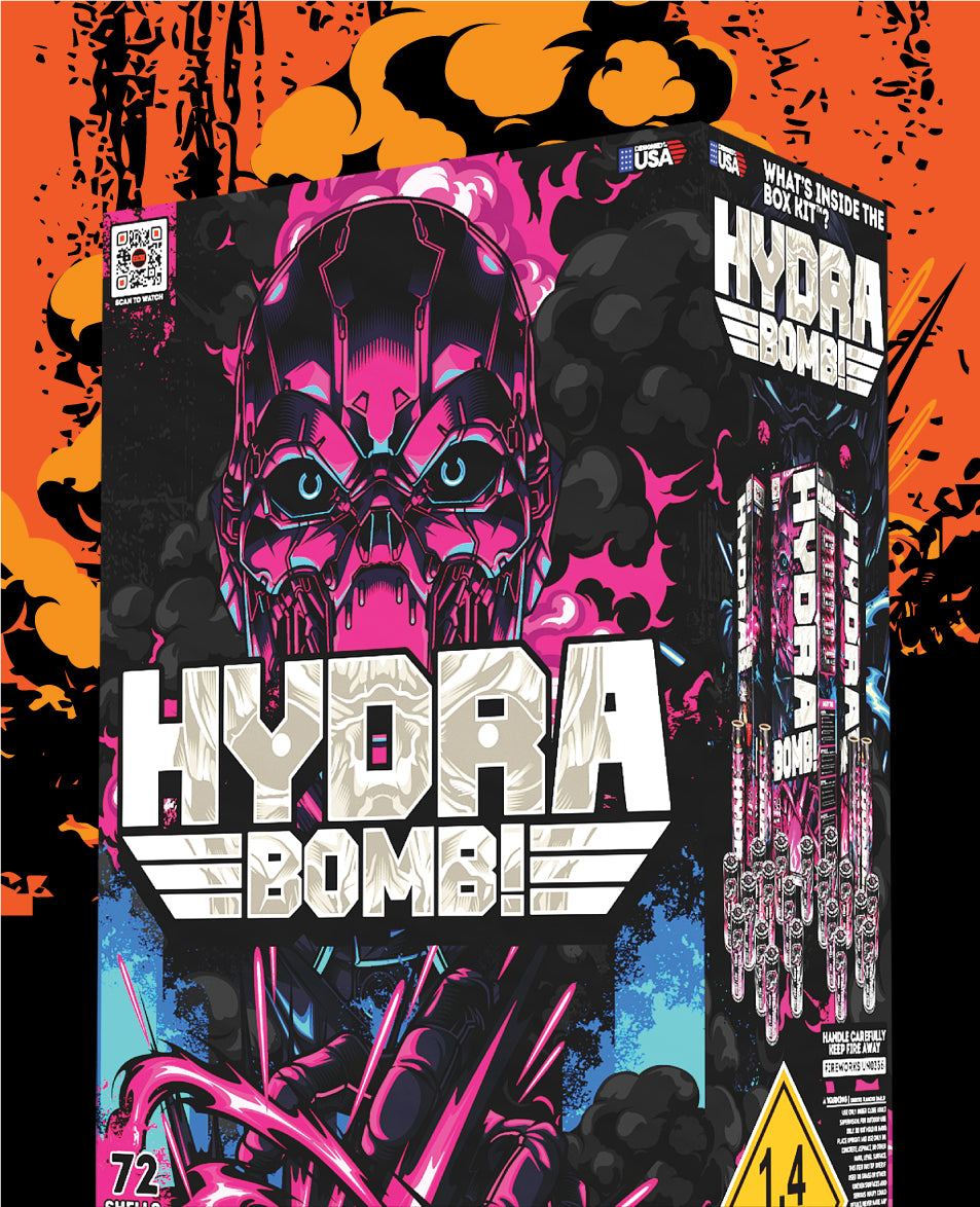 Image of the front of a Hydra Bomb fireworks box kit, with orange background. 
