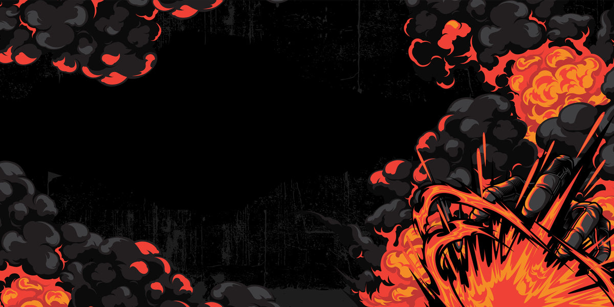 Black textured background with billowing dark smoke, red and orange explosions, and a fiery burst in the lower right.