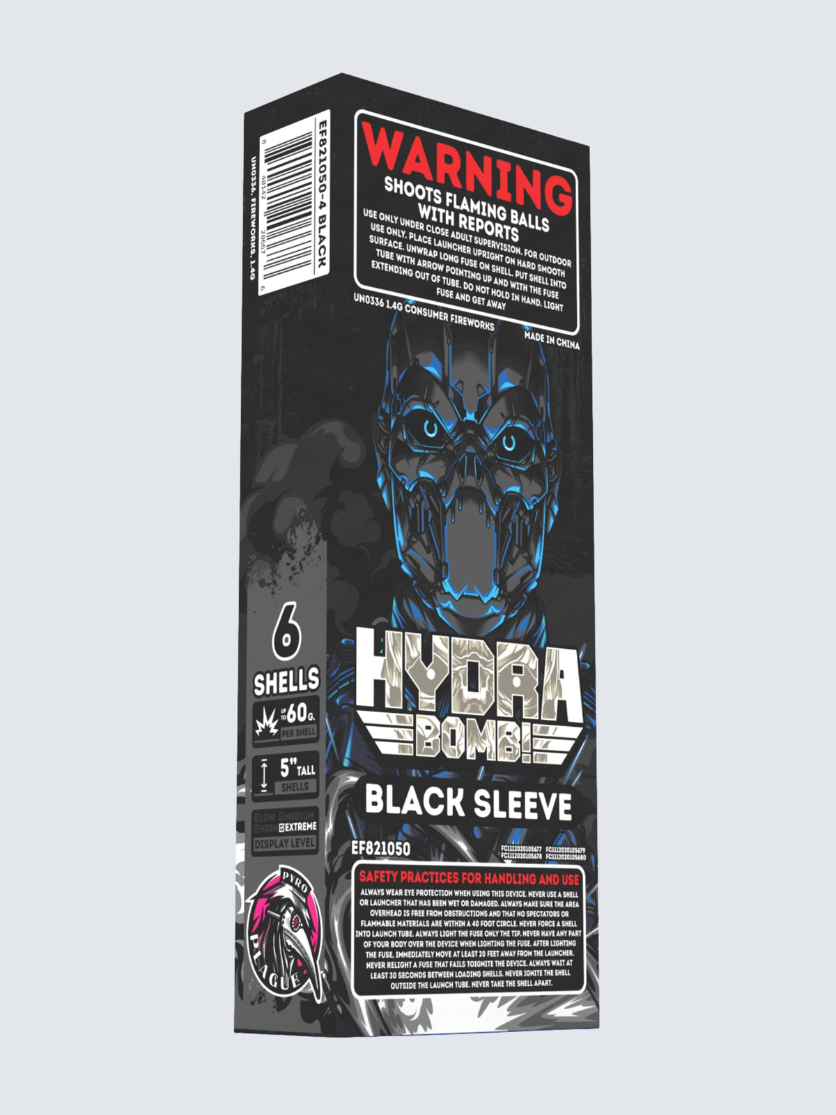 Sleeve kit of Hydra Bomb Black shell fireworks, Includes 6 shells. Package shows a black robot.