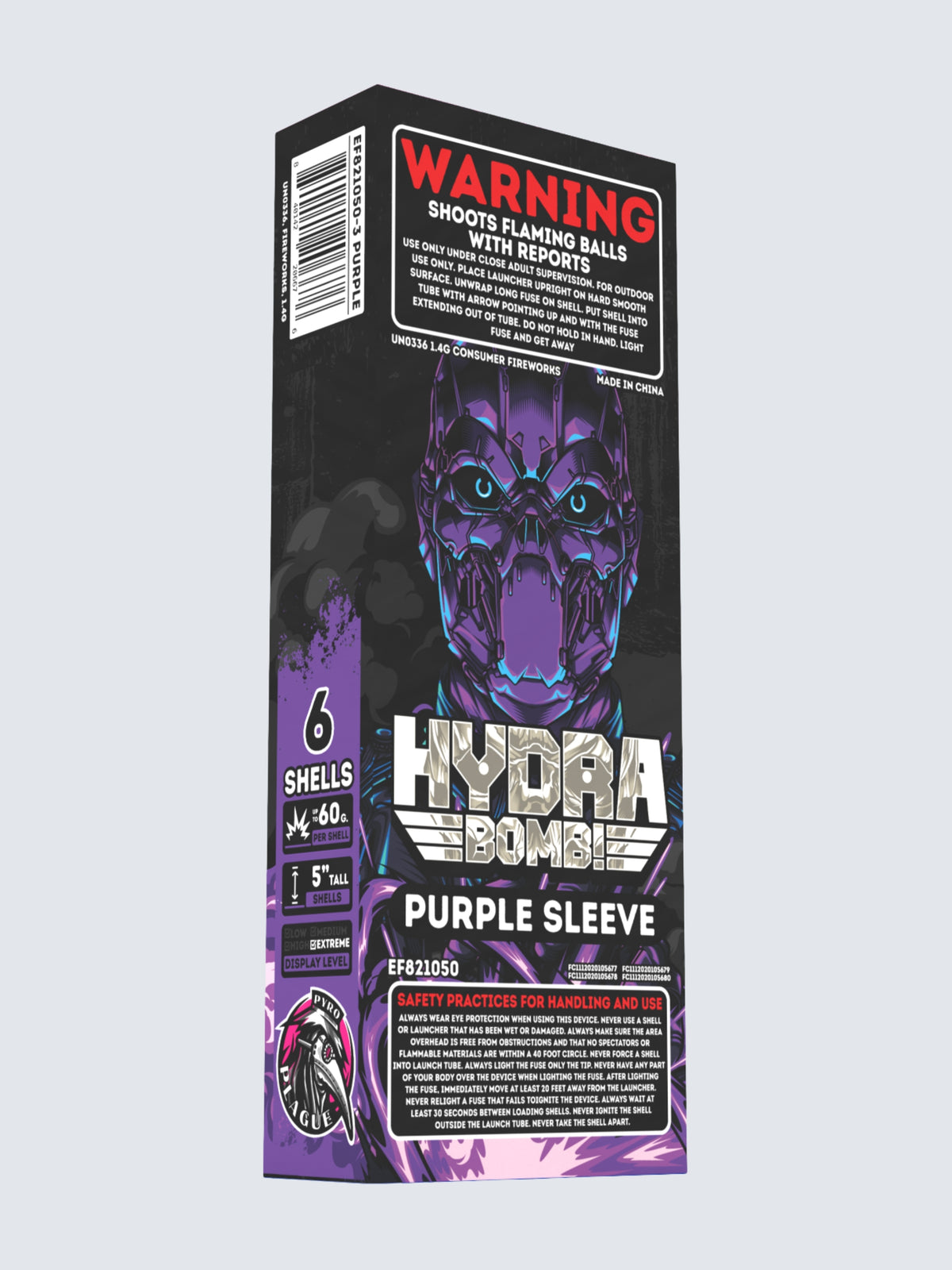 Sleeve kit of Hydra Bomb purple shell fireworks, includes 6 shells. Packaging shows a purple robot.