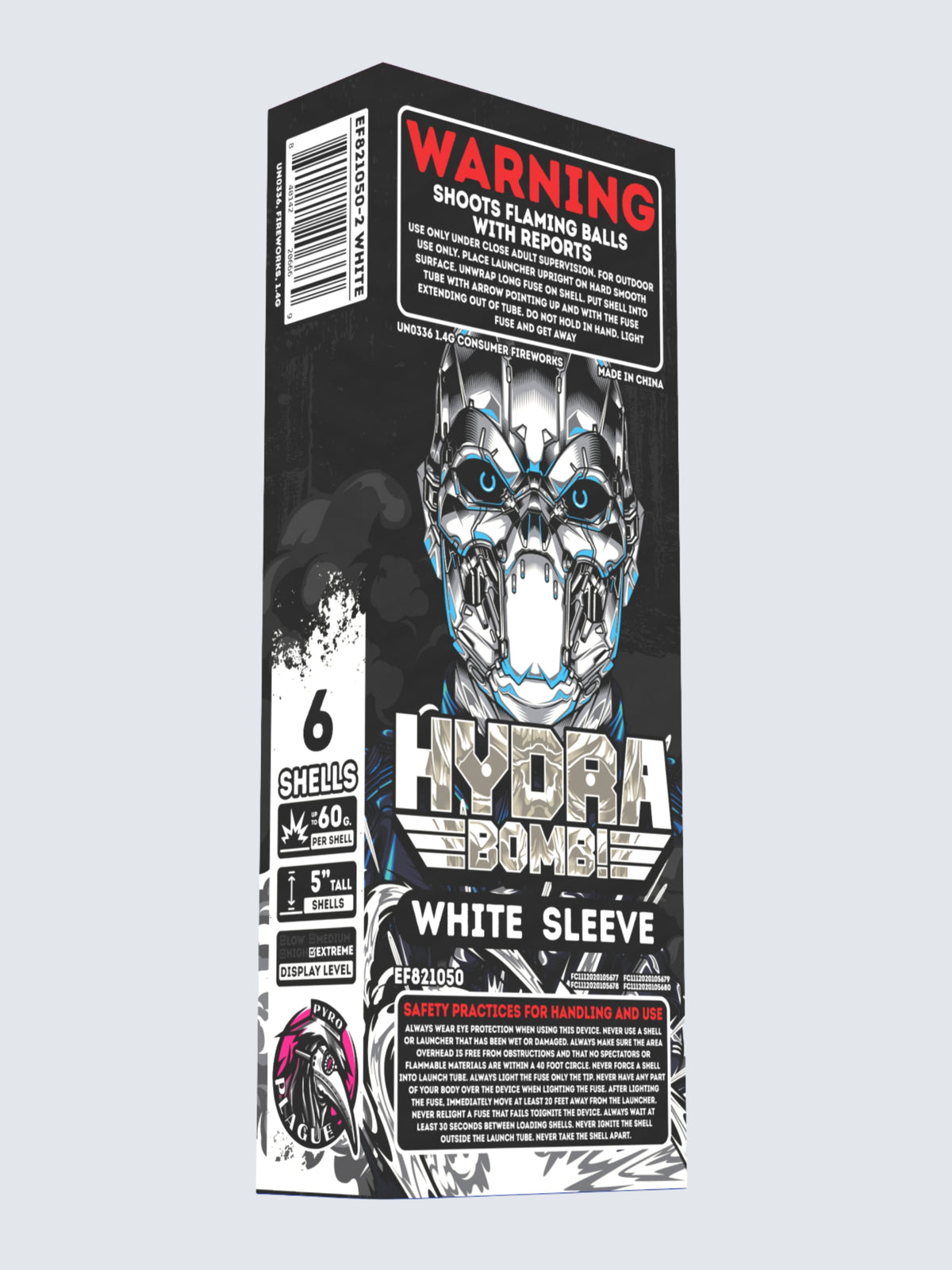 Sleeve kit of Hydra Bomb White shell fireworks, includes 6 shells. Packaging shows a white robot.