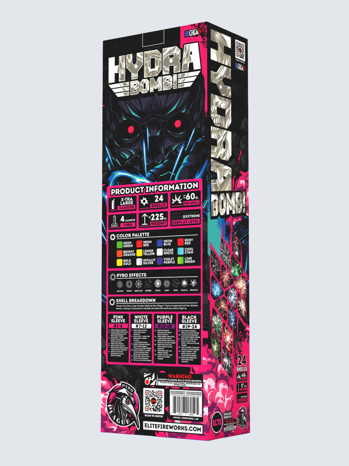 Unit of Hydra Bomb shell fireworks. Includes 24 shells. Packaging shows Robot with pink smoke and explosions.