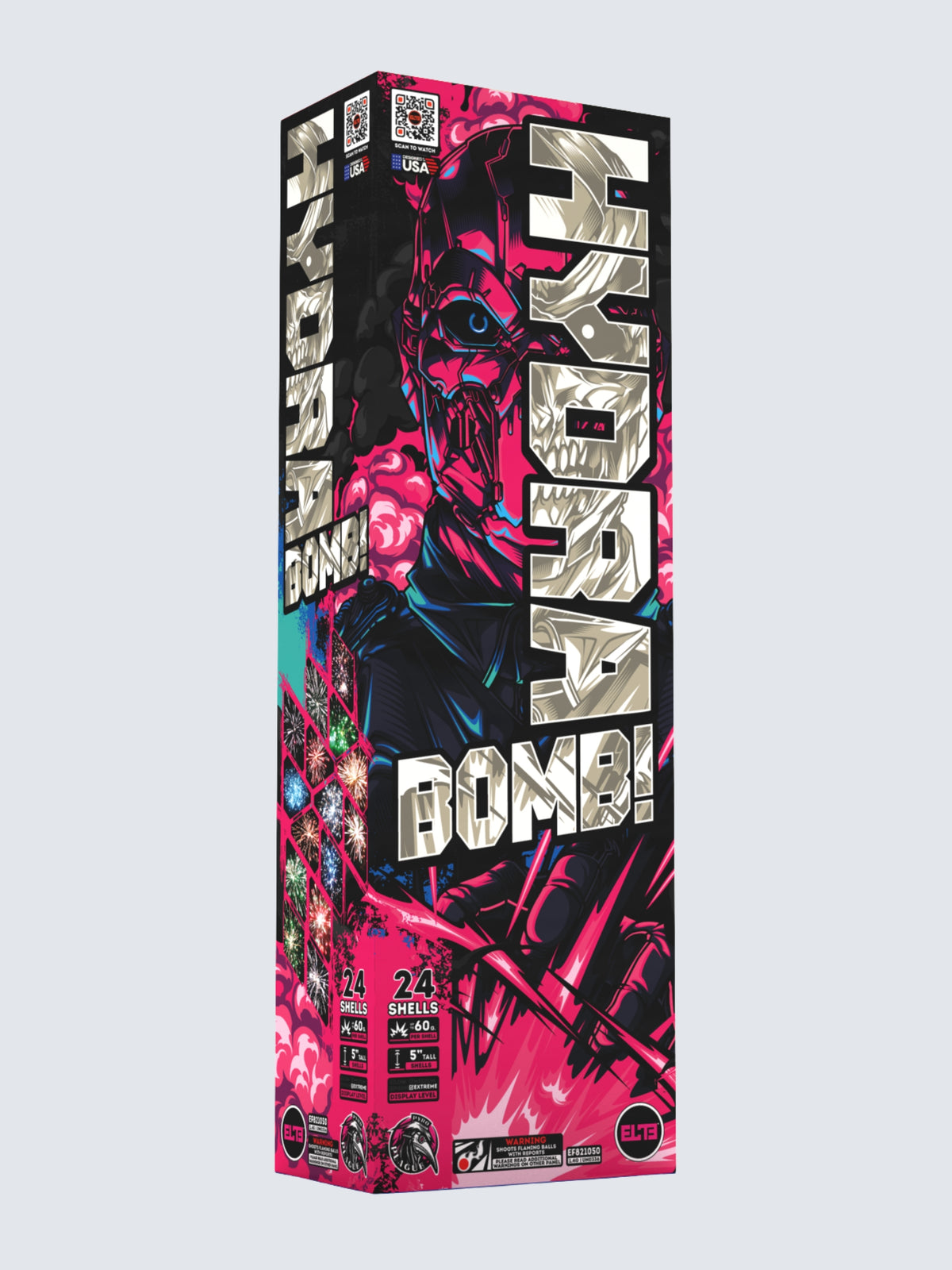 Unit of Hydra Bomb shell fireworks. Includes 24 shells. Packaging shows Robot with pink smoke and explosions.