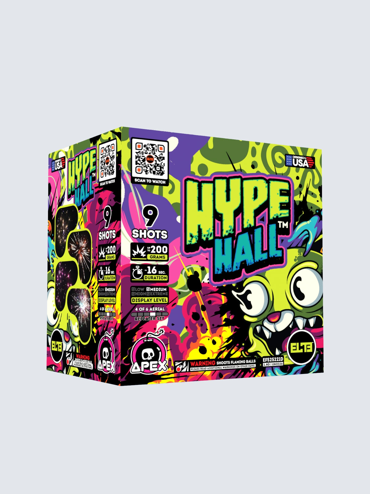 Hype Hall 9-shot 200G aerial repeater fireworks cake with vibrant neon monster artwork and colorful explosive graphics