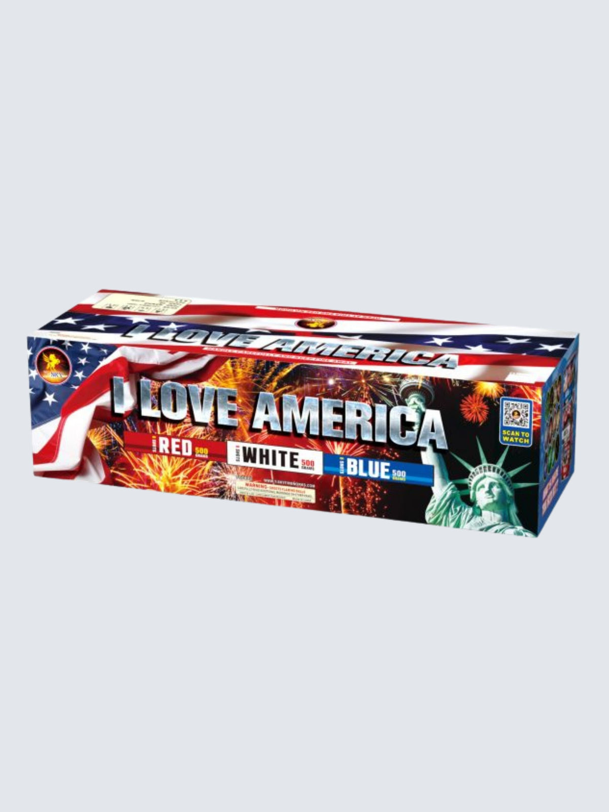 A box kit of I Love America fireworks. Includes 3 variants, Red, White, and Blue. Packaging shows patriotic colors with fireworks in the background.
