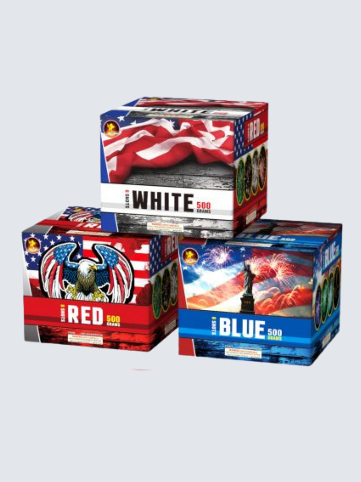 An image showing the variants included in the I Love America firework. Comes in variants Red, White, and Blue, representing iconic patriotic imagery.