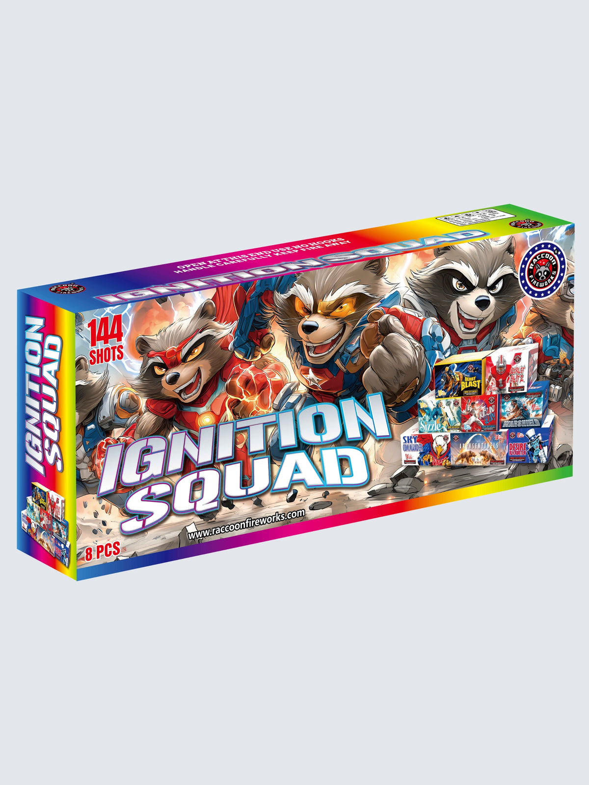 Ignition Squad 144-shot aerial repeater fireworks box kit by Raccoon Fireworks featuring 8 assorted cakes with colorful action-packed raccoon squad character box art.