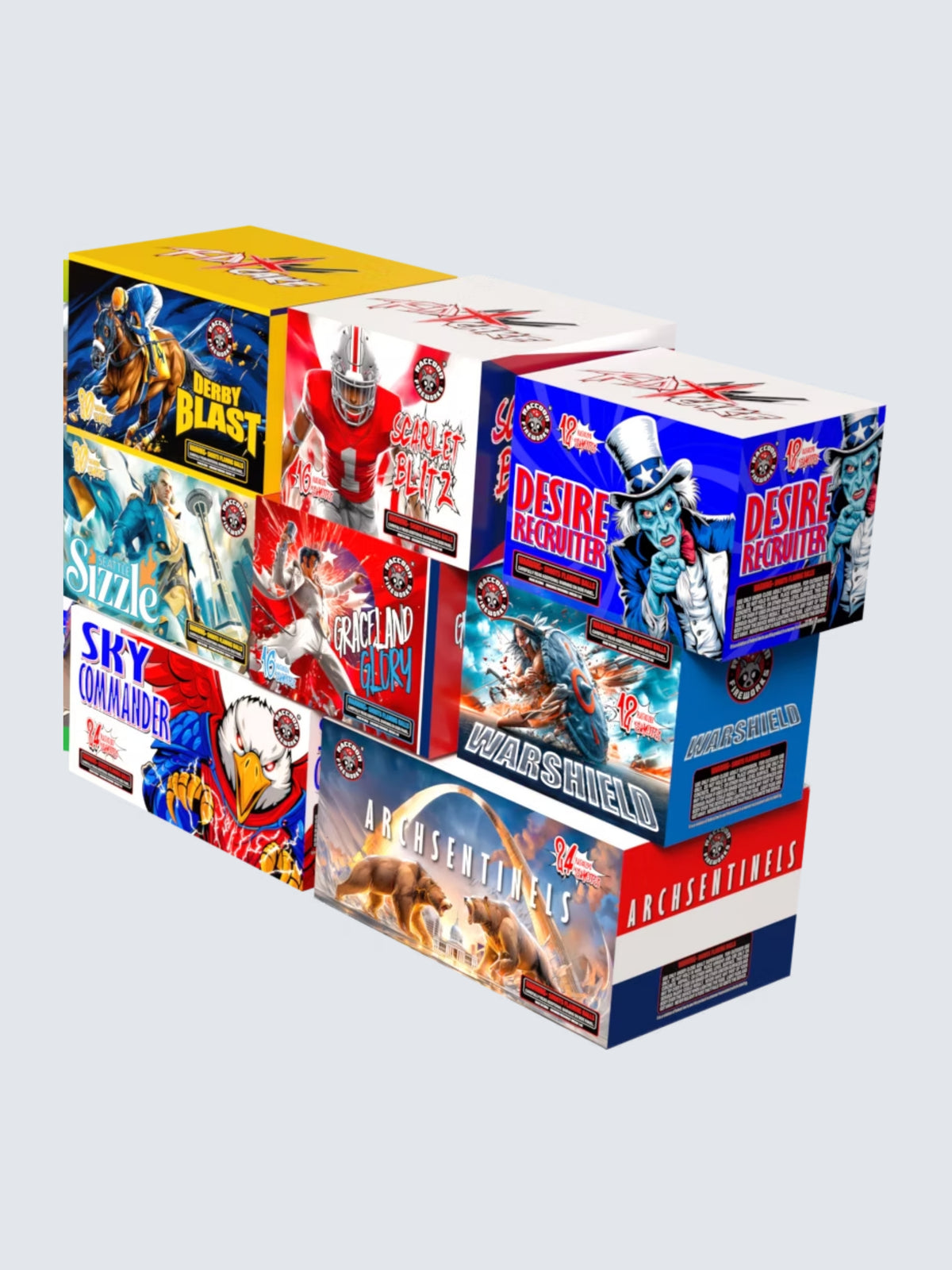 Ignition Squad 8-piece aerial repeater fireworks set by Raccoon Fireworks featuring Derby Blast, Scarlet Blitz, Desire Recruiter, Seattle Sizzle, Grace and Glory, Warshield, Sky Commander, and Archsentinels with bold patriotic and action-themed box art.