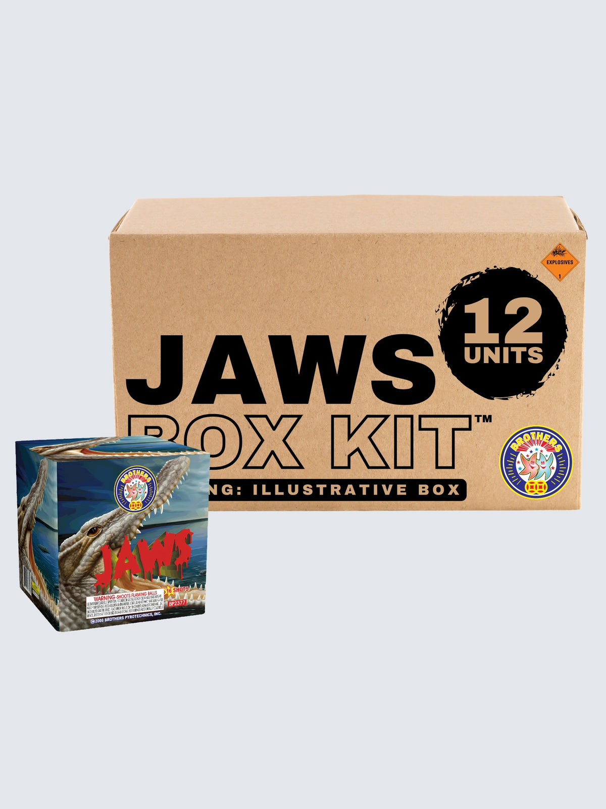 Brothers Fireworks Jaws 16-shot aerial repeater box kit with 12 units in sea monster-themed packaging.