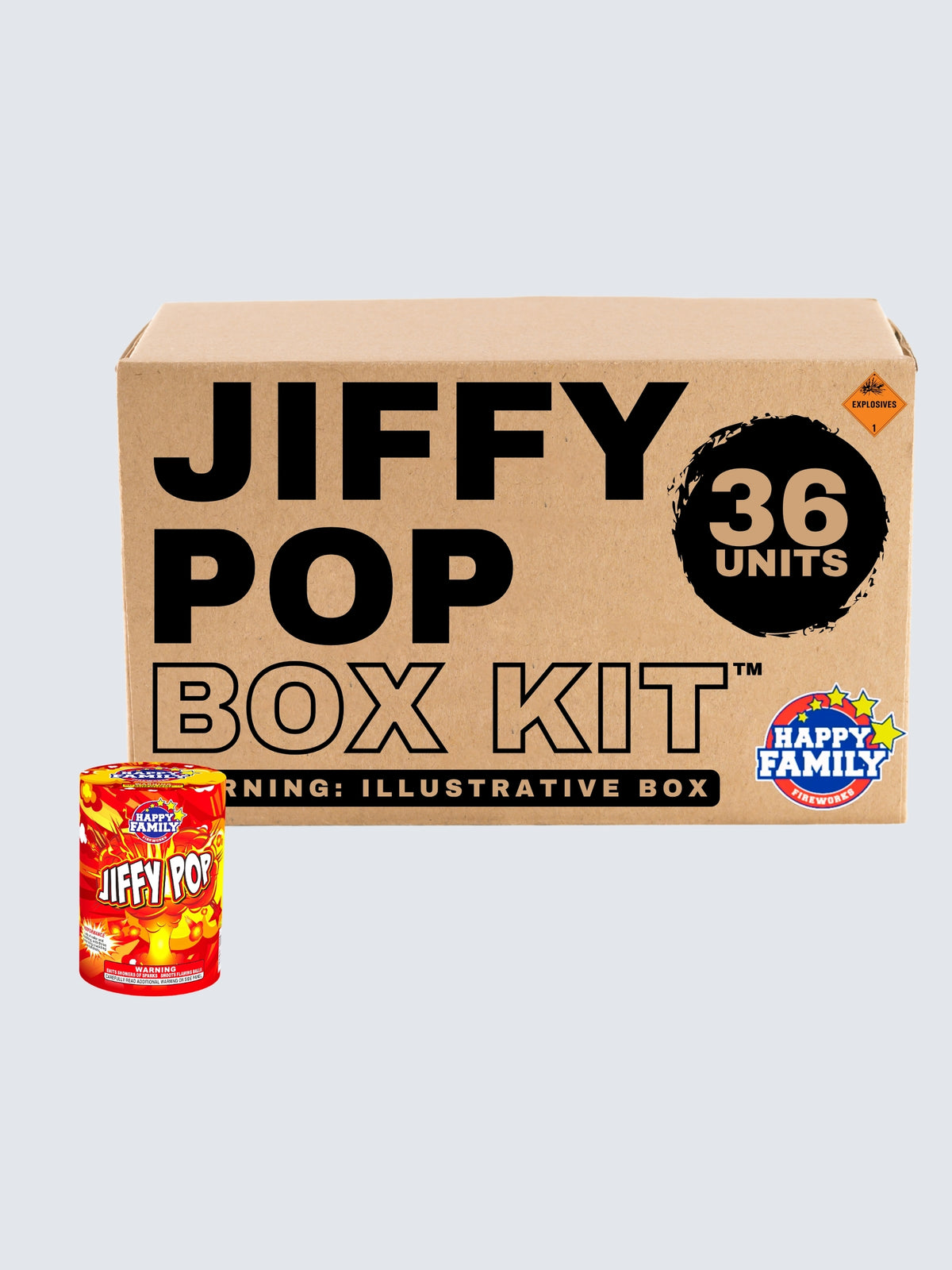 Jiffy Pop Fountain Fireworks Box Kit by Happy Family Fireworks includes 36 units with vibrant red, orange, and yellow packaging featuring explosive popcorn artwork.