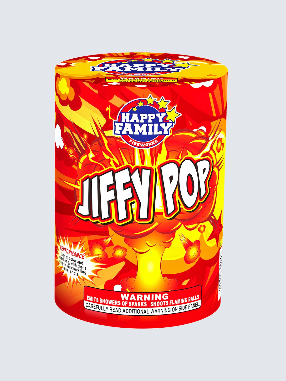 Jiffy Pop Fountain Firework by Happy Family Fireworks features vibrant red, orange, and yellow packaging with explosive artwork.
