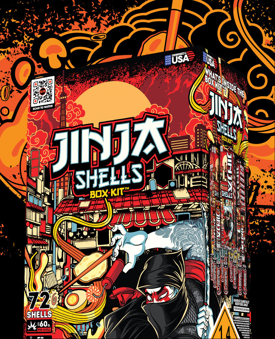 Pyro Ginja Ginja Shells Box Kit promotional image featuring bold ninja artwork and 72 artillery shells