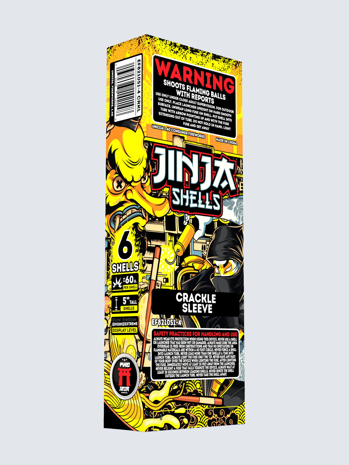 Sleeve Kit of Jinja Shells fireworks, with packaging showing a ninja. Crackle variant. 