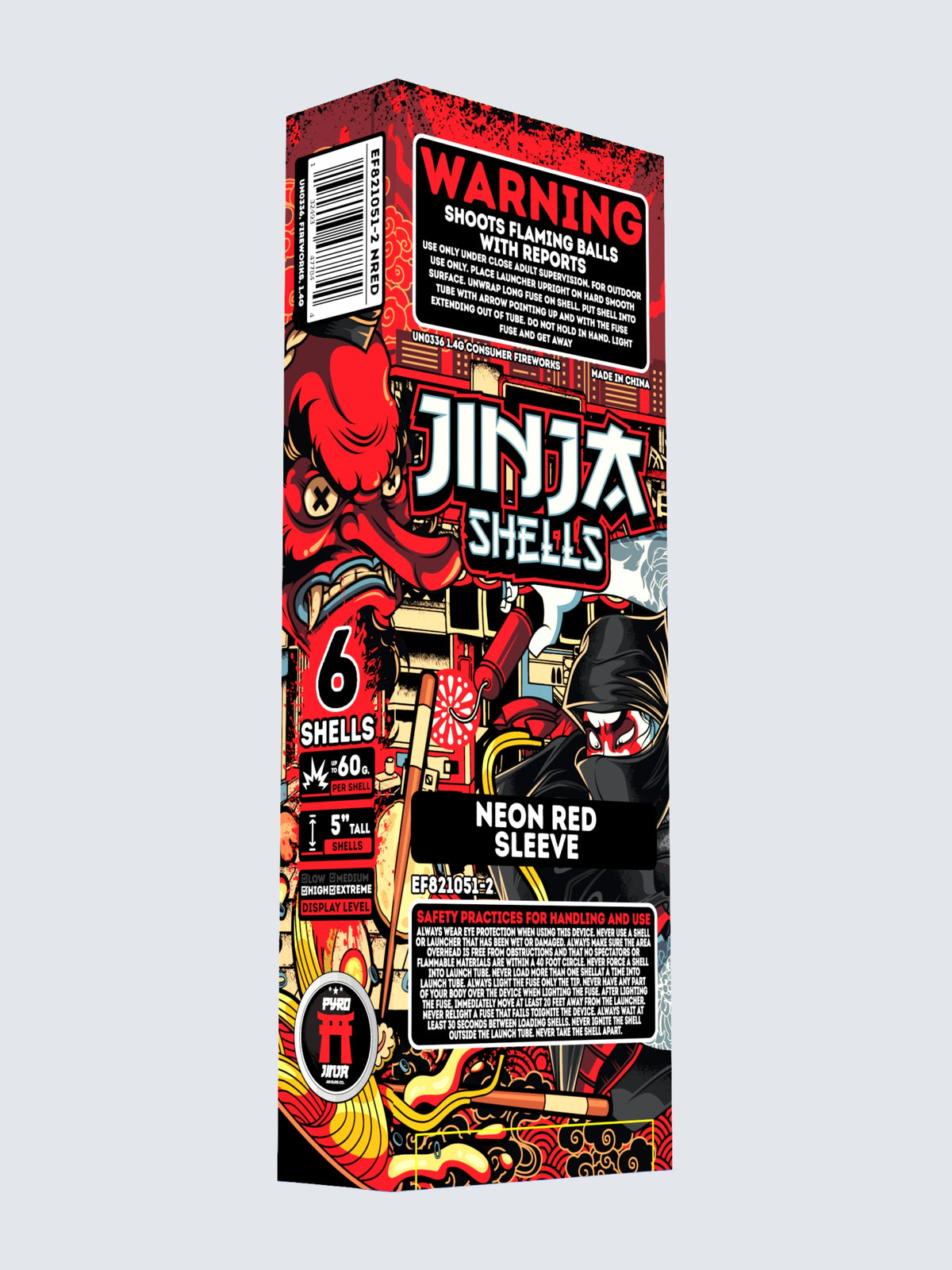 Sleeve Kit of Jinja Shells fireworks, with packaging showing a ninja. Neon Red variant. 