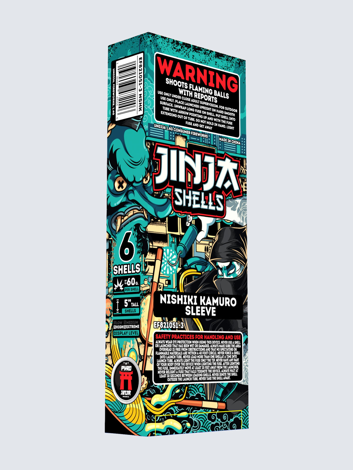 Sleeve Kit of Jinja Shells fireworks, with packaging showing a ninja. Nishiki Kamuro variant. 