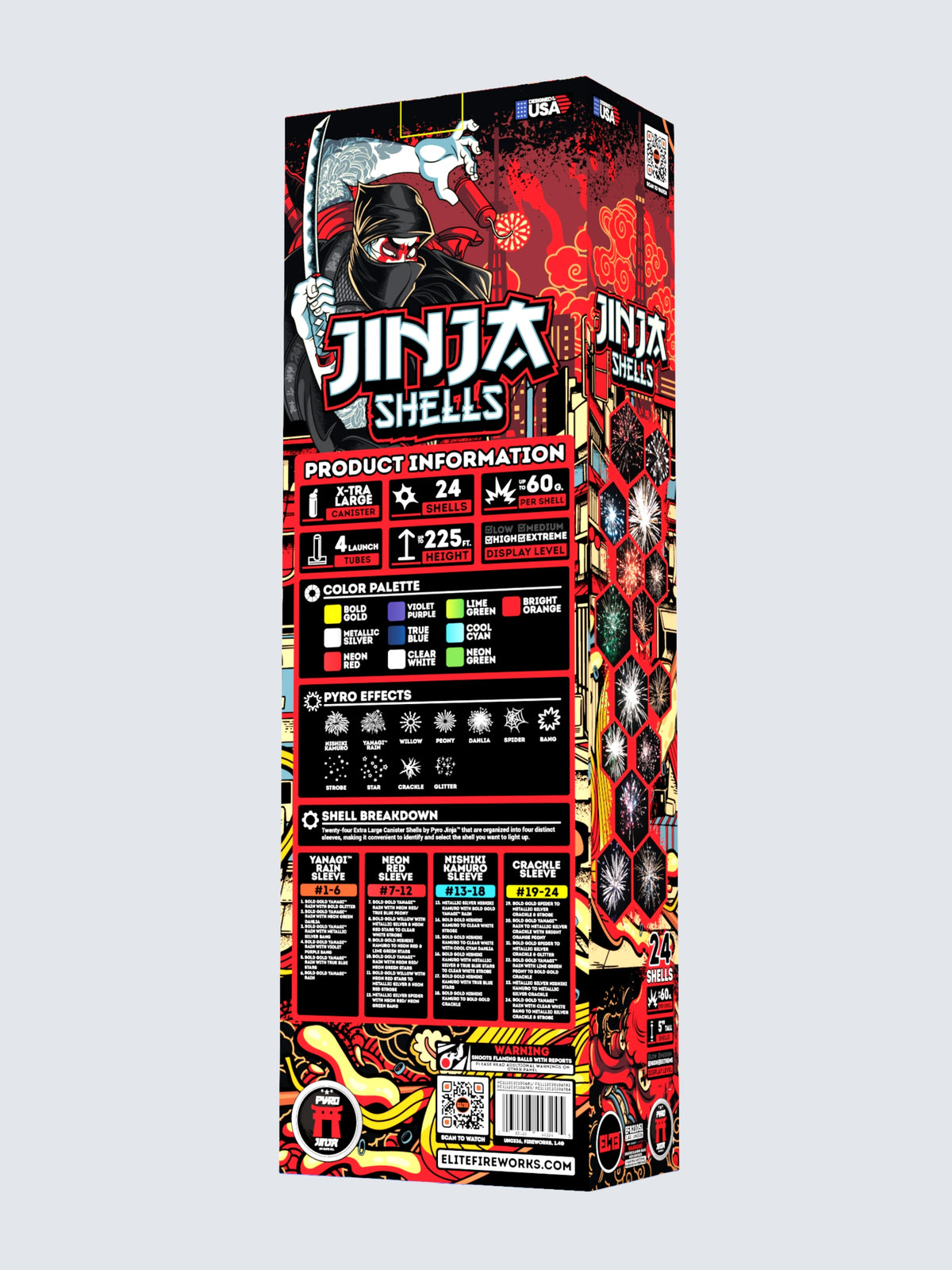 Unit of Jinja Shells fireworks includes 24 shells. Packaging shows an Asian city with ninja.