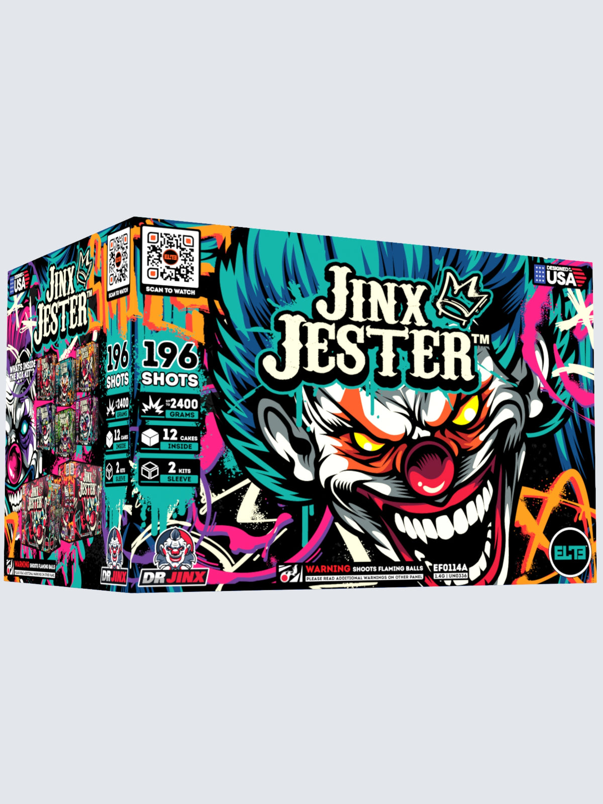 Box kit of Jinx Jester standard cake fireworks, including a total of 196 shots. Packaging shows a creepy laughing clown face. 