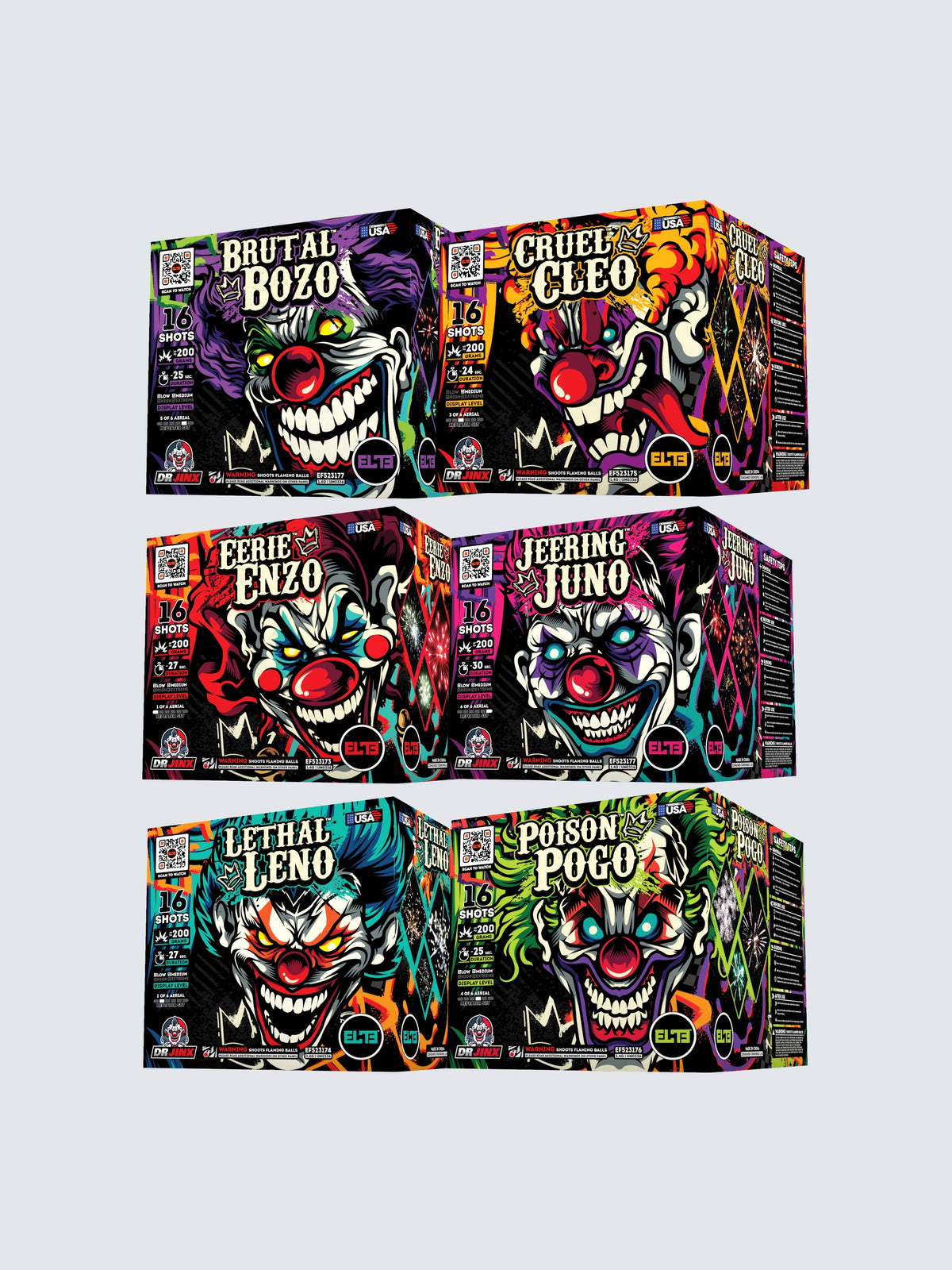 Variant units included in Jinx Jesters standard cake fireworks. Includes Brutal Bozo, Cruel Cleo, Eerie Enzo, Jeering Juno, Lethal Leno, and Poison Pogo.
