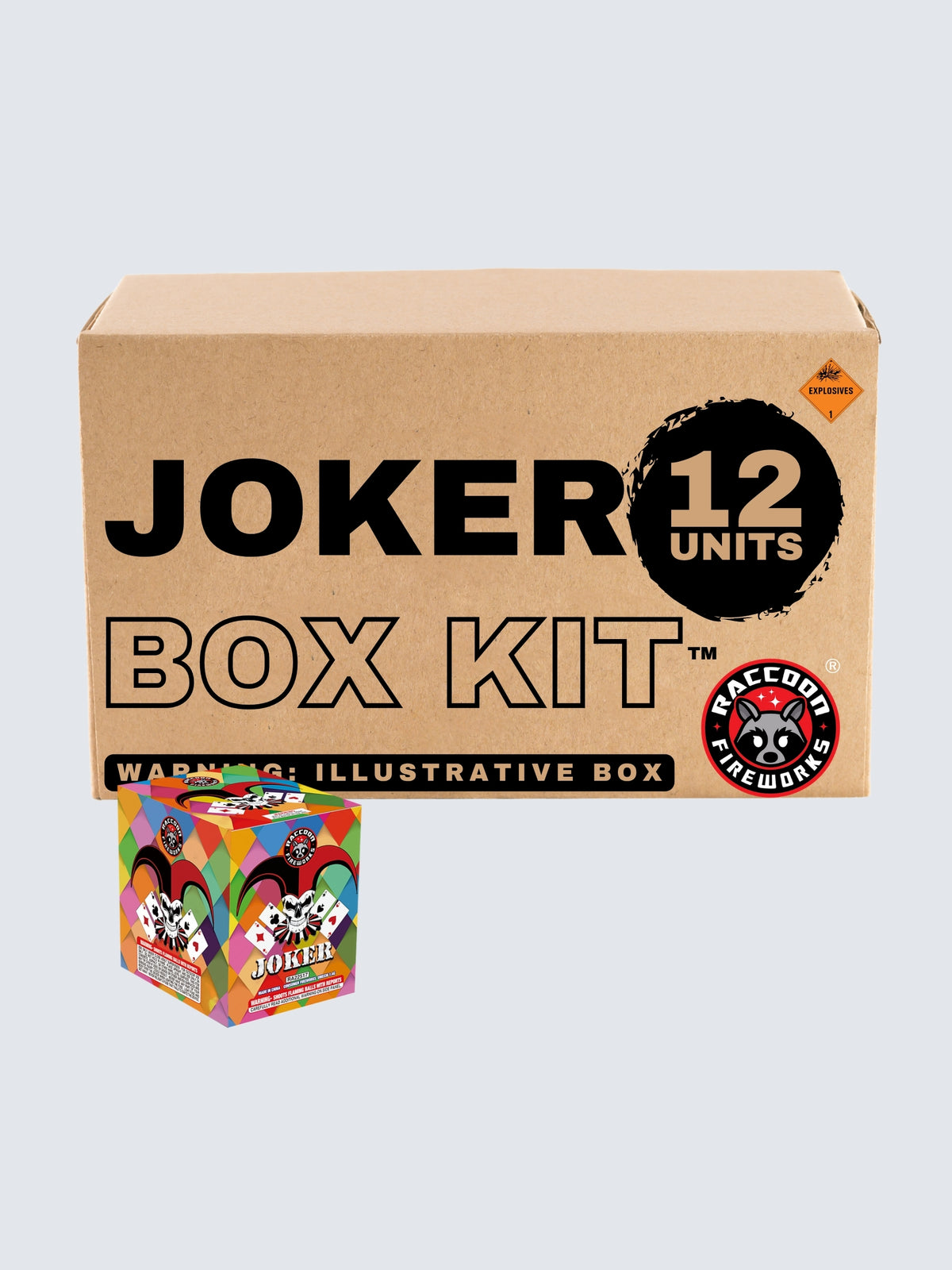 Joker aerial repeater box kit by Raccoon Fireworks with 12 units, skull jester art and colorful diamond packaging.