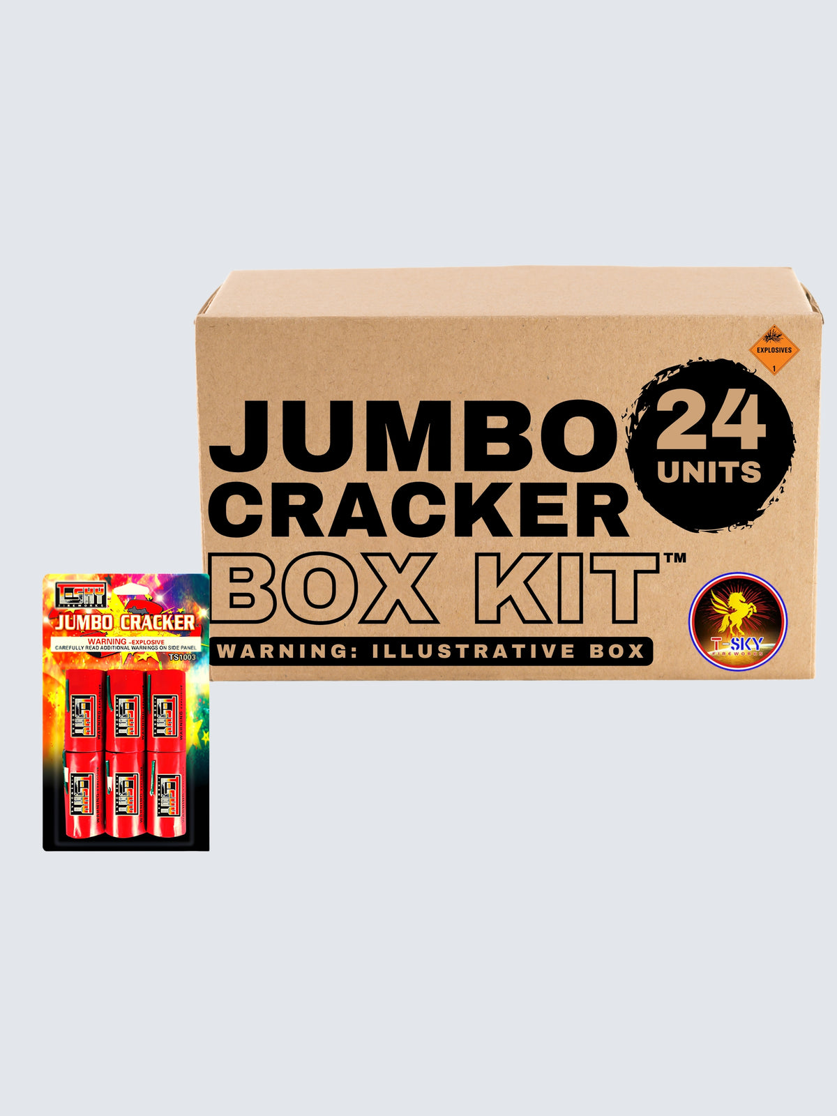 Box kit of Jumbo Cracker fireworks. Includes 24 units.
