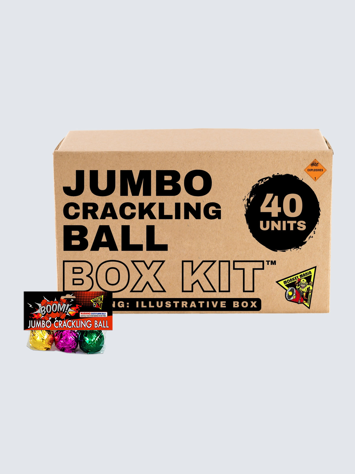 Jumbo Crackling Ball Box Kit contains 40 units of jumbo crackling balls, gold, pink, and green varieties