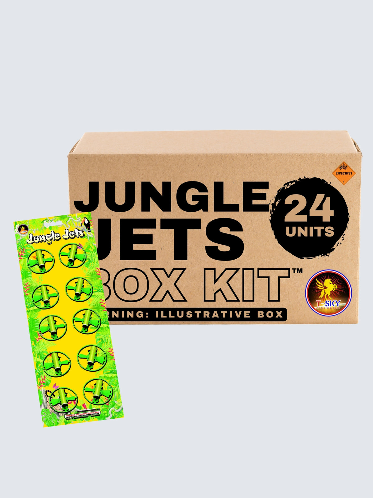 Jungle Jets flying novelty box kit by T-Sky Fireworks with 24 units and green winged spinners on yellow jungle-themed packaging.
