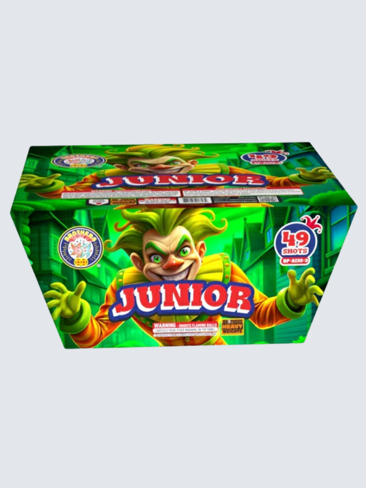 Junior 49-shot aerial repeater by Brothers Fireworks, featuring a mischievous green-haired clown with a bright green cityscape background.