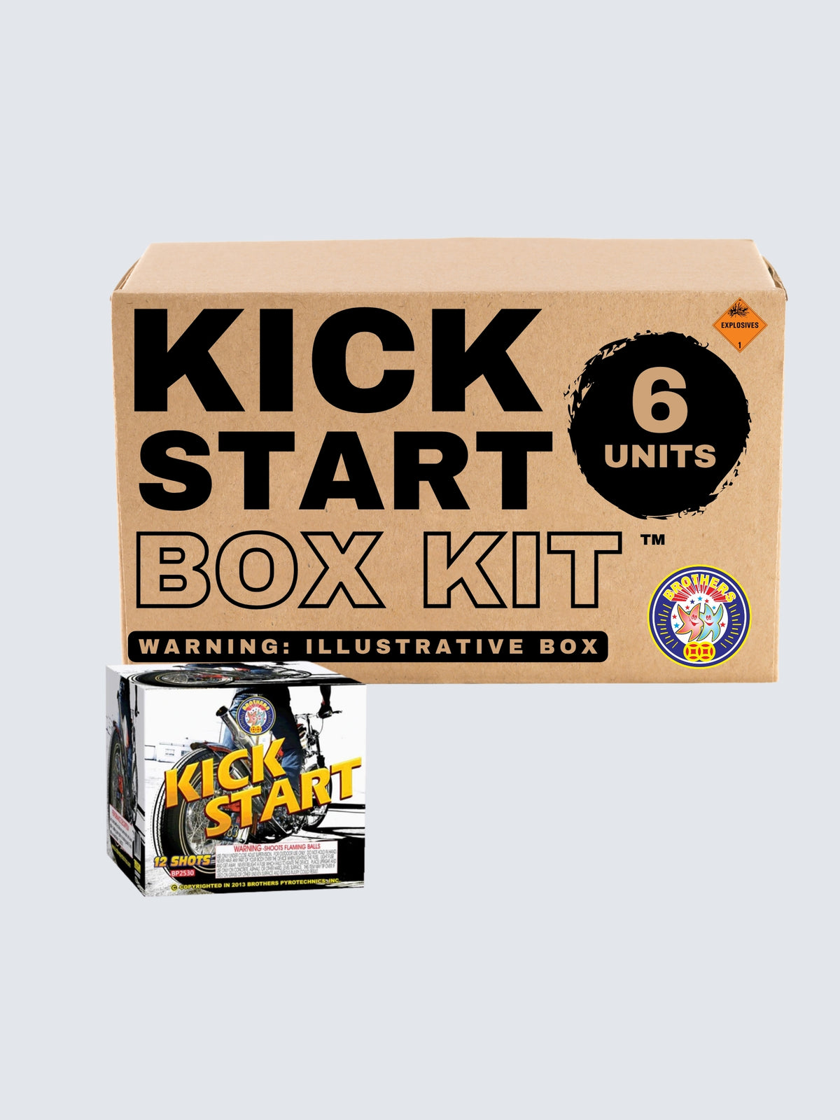 Kick Start 12-shot aerial repeater box kit by Brothers Fireworks with 6 units and black and white motorcycle artwork.