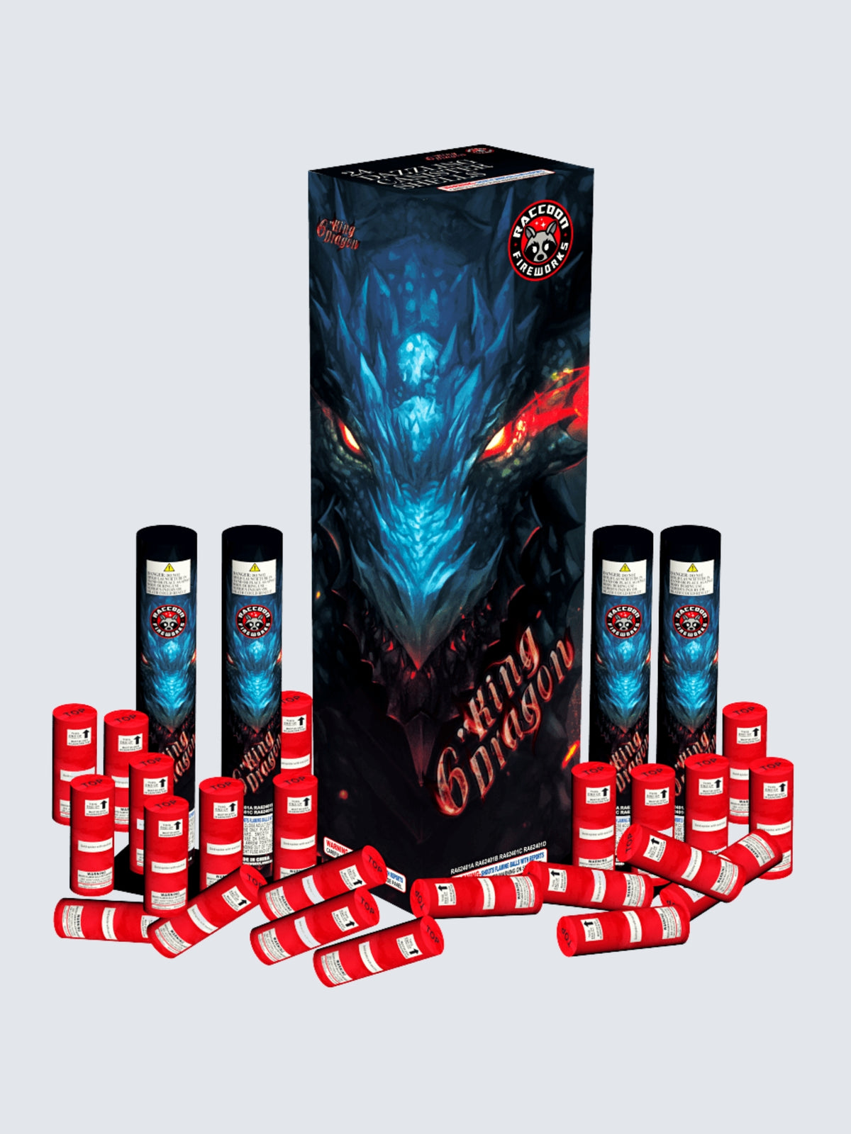 Raccoon Fireworks Chilling Dragon artillery shell kit featuring a fierce blue dragon with glowing red eyes and red canister shells.
