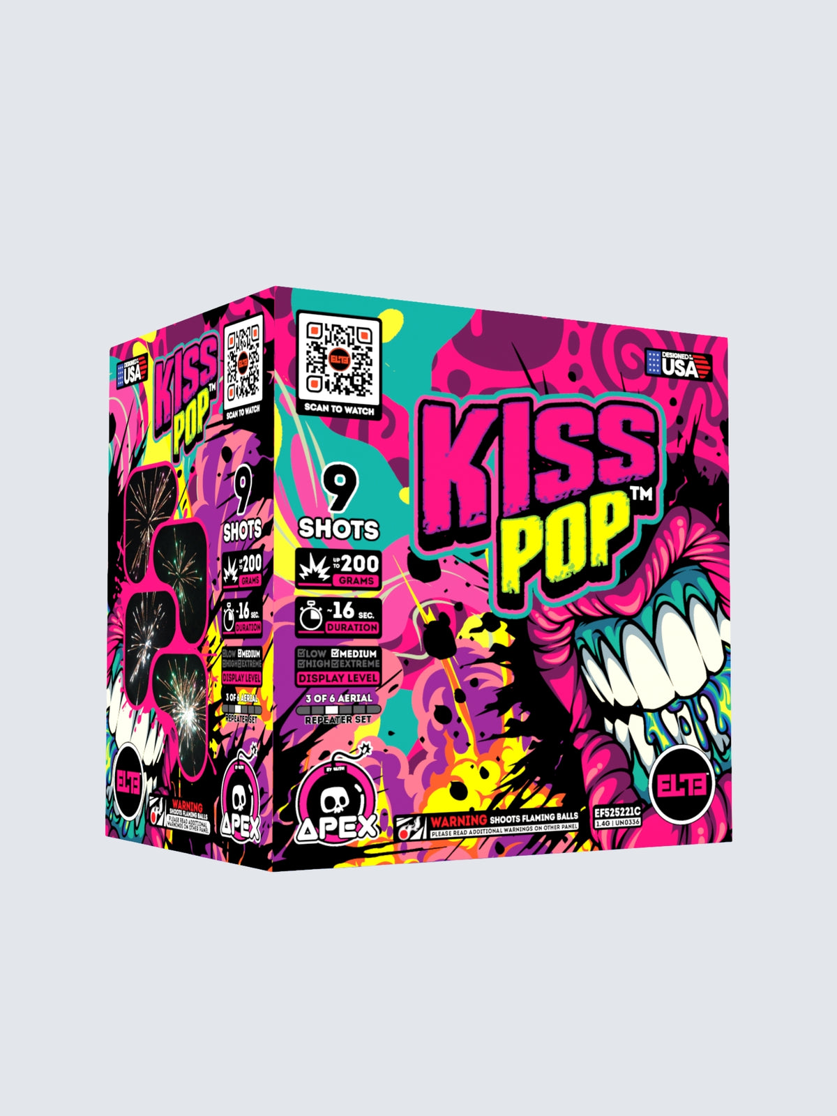 Kiss Pop 9-shot 200G aerial repeater fireworks cake with vibrant pink monster artwork and colorful explosive graphics
