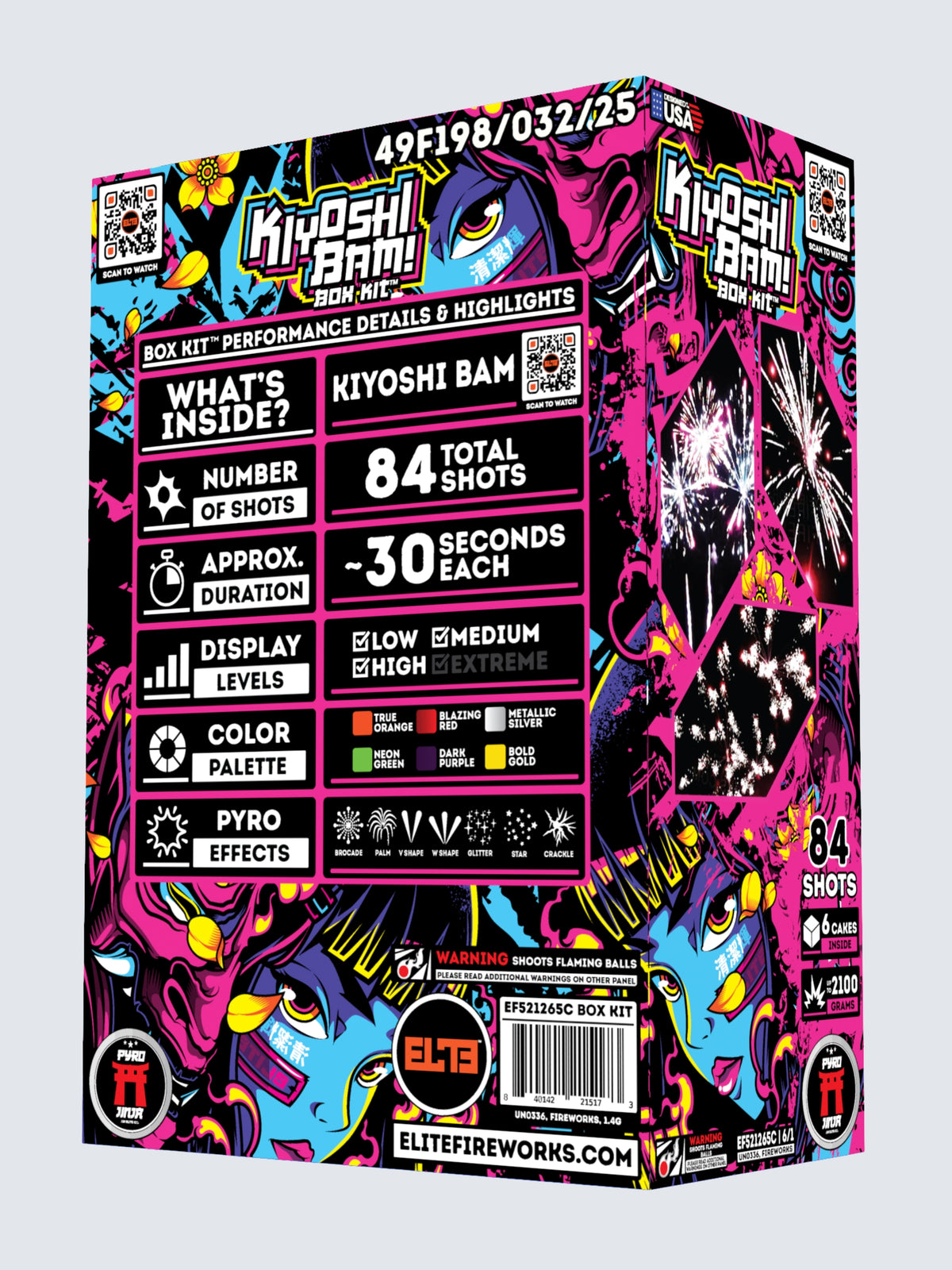 Box Kit of Kiyoshi Bam large cake fireworks, includes 6 cakes. Packaging shows a spooky purple mask.