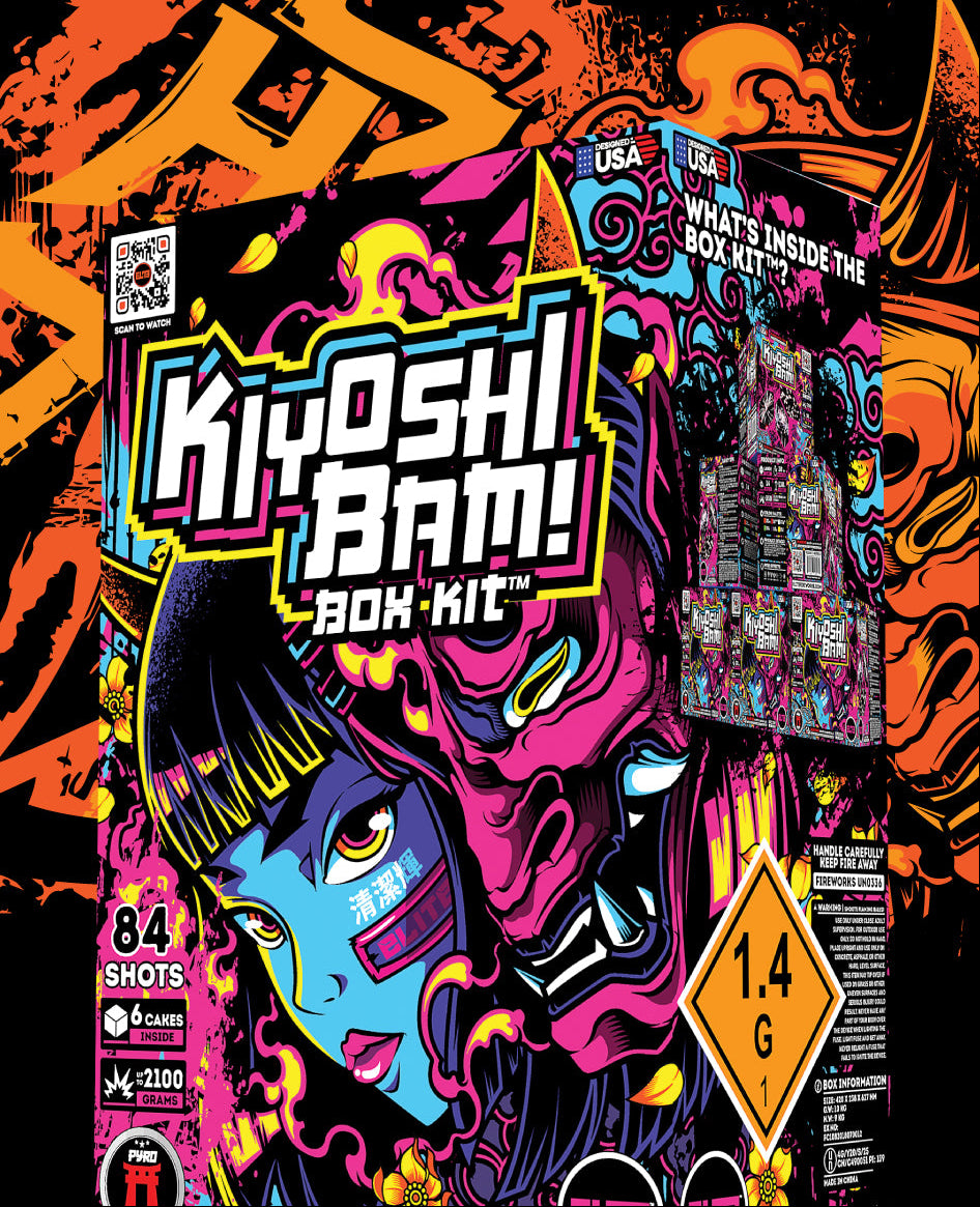 Kiyoshi Bado Box Kit promotional image featuring vivid neon Japanese-inspired character art against an orange-and-black graphic background.